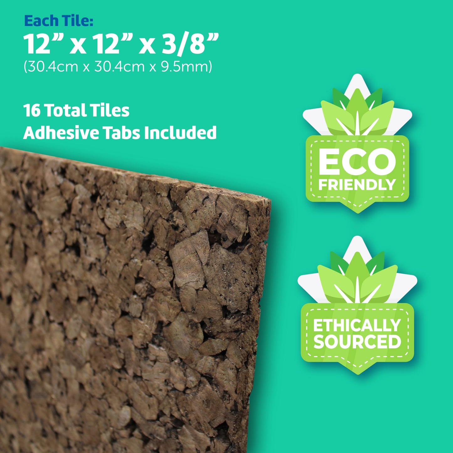 Flipside Products 12" x 12" x 9.5mm Thick Dark Brown Cork Squares, Wall Tiles, Square Pinning Cork Board, Bulletin Board Mini Wall Board - 16 Pack