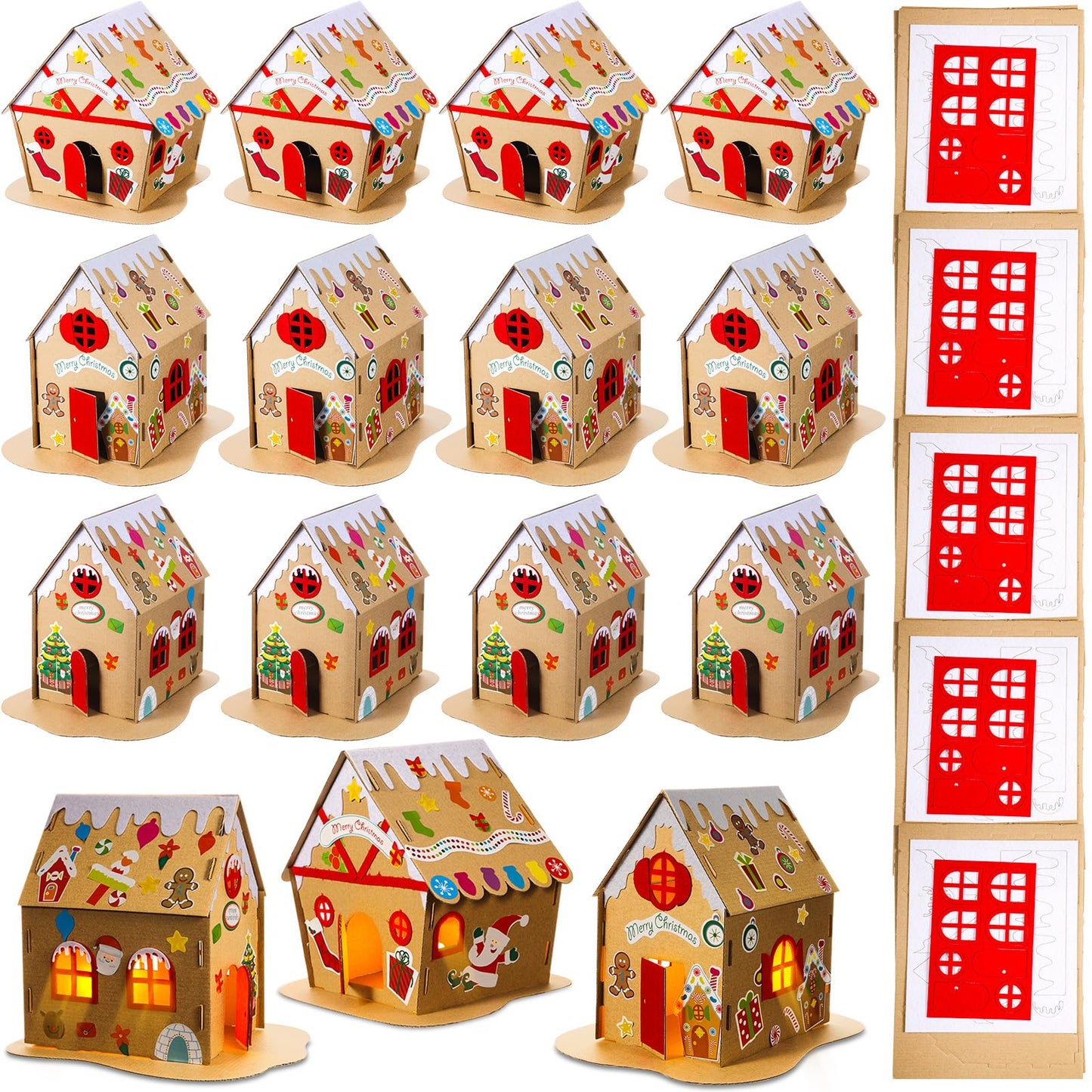 Hiboom 15 Pack Christmas Craft Kit Large Christmas Gingerbread House Kit with Flameless Candle Xmas Craft House Make a Gingerbread House Craft 3D Xmas Craft for Holiday Party Game Craft Decor Supplies