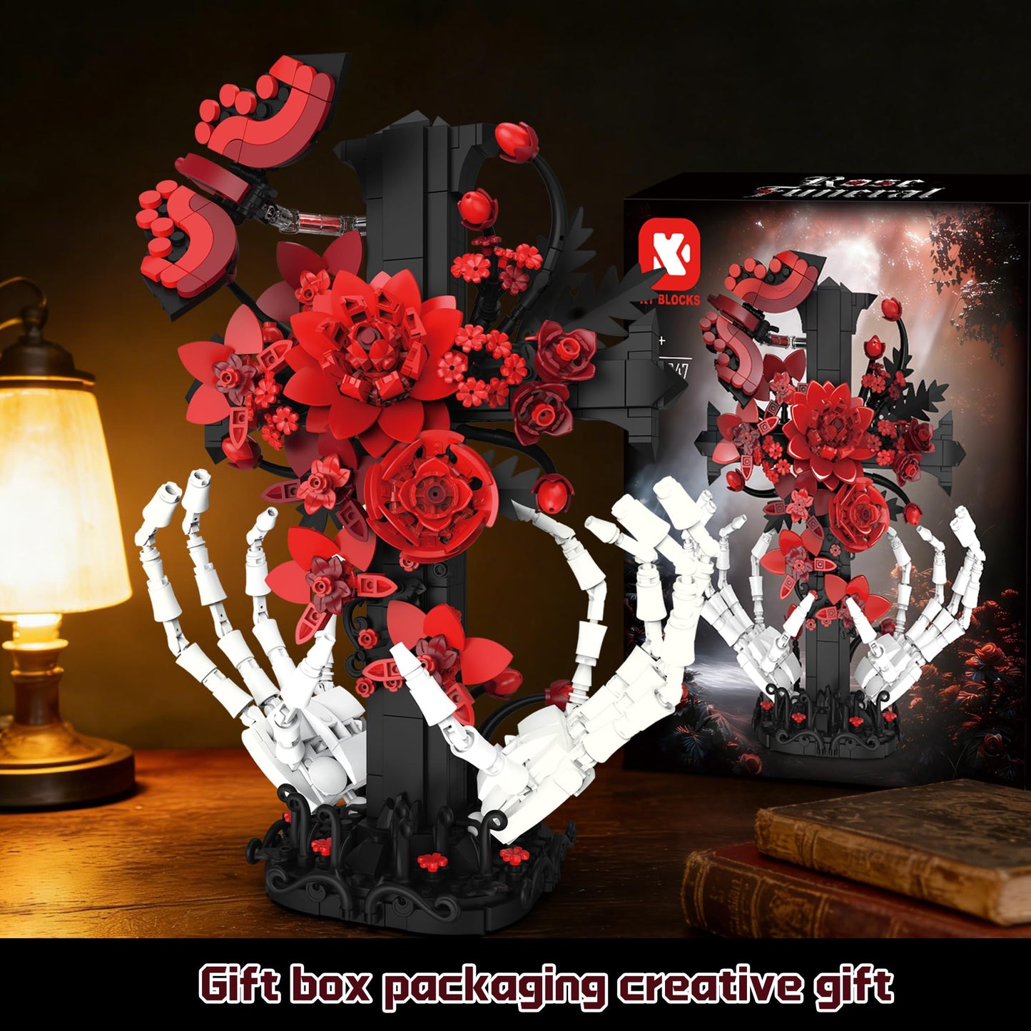 chanbrick Jesus Cross Building Set with Flower & Skull Hand for Adults, Gothic Crucifix Rose Skeleton Collectible Model for Women Home Art Decor