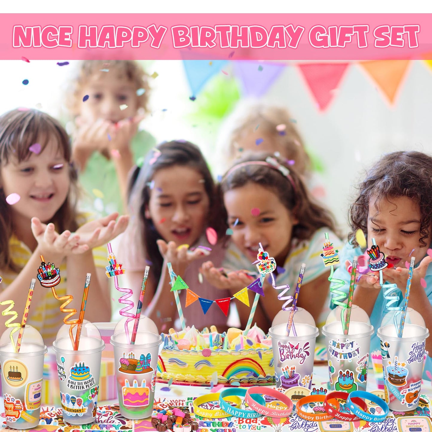 Baderke 24 Sets Birthday Gifts Party Favors Set Include Reusable Cups with Dome Lids Straw Decoration Pencil Heart Eraser Silicone Bracelet Stickers (Style A)