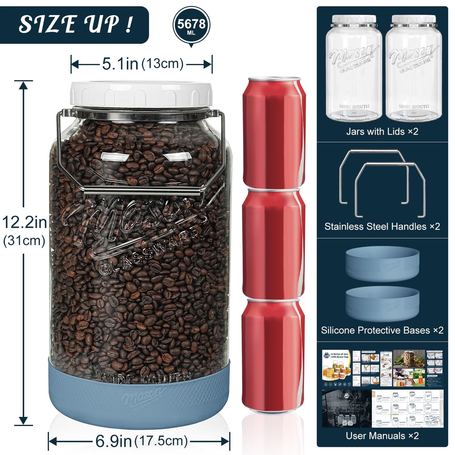 Dwbligt 1.5 Gallon Huge Glass Jar with Airtight Lid, Wide Mouth Large Mason Jars for Fermenting, Pickling, Canning, Water Glassing Eggs, Kombucha, and Food Storage – with Handle & Scale Marks(2 Packs)