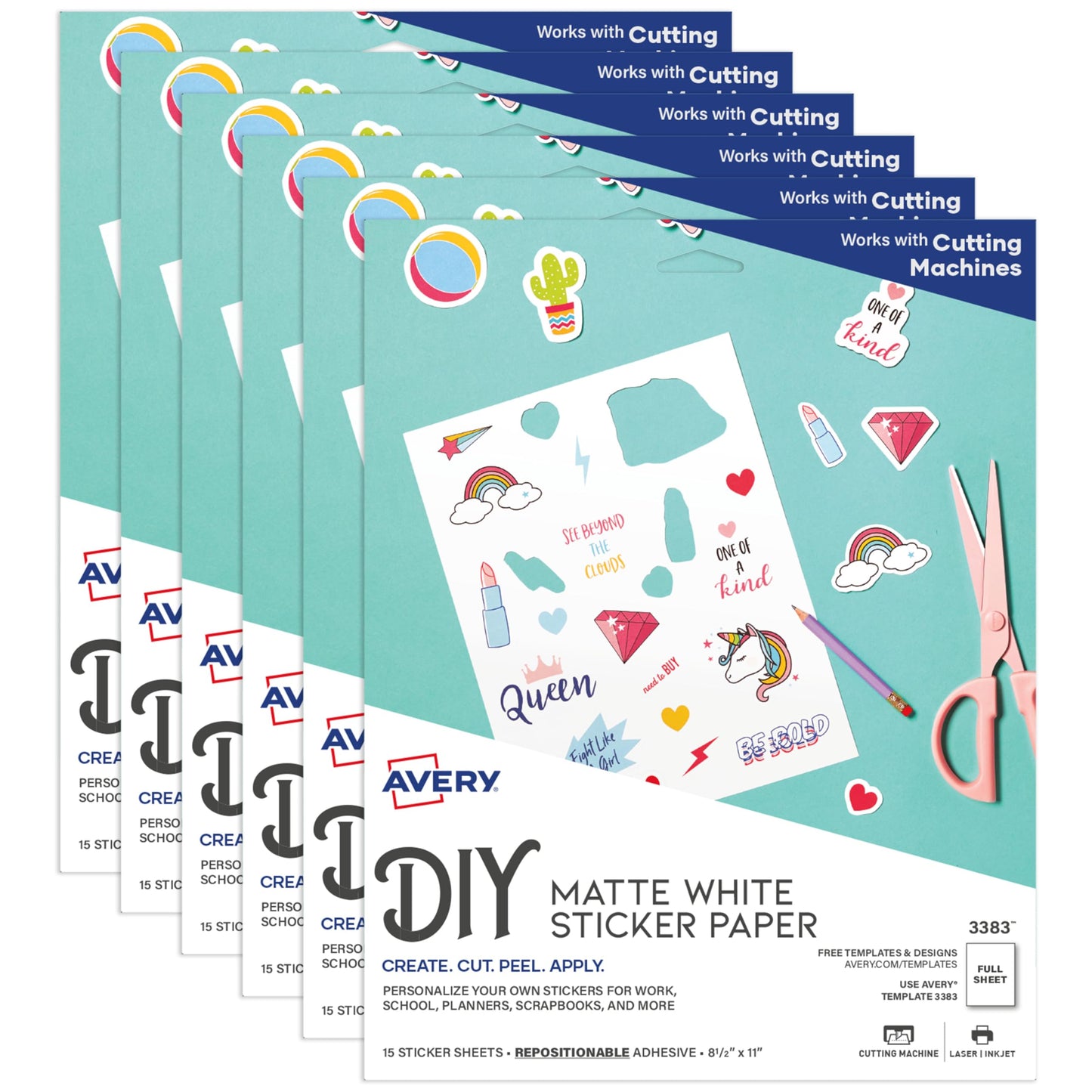 Avery Printable Sticker Paper, 8.5" x 11", Matte White, Repositionable Adhesive, Laser/Inkjet Compatible, 90 Full-Size Label Sheets, Great for Product Labels, Cute Stickers, and More (6-Pack of 3383)
