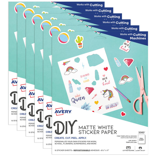 Avery Printable Sticker Paper, 8.5" x 11", Matte White, Repositionable Adhesive, Laser/Inkjet Compatible, 90 Full-Size Label Sheets, Great for Product Labels, Cute Stickers, and More (6-Pack of 3383)