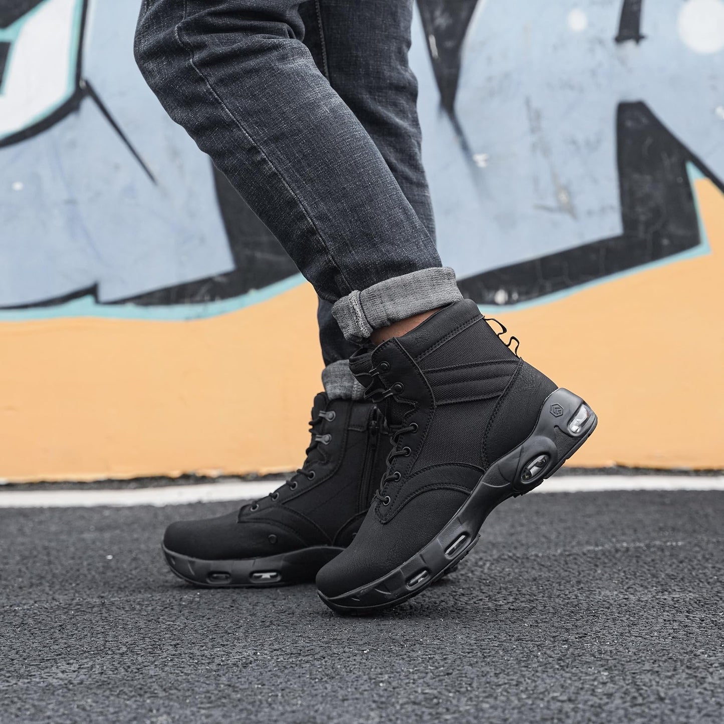 LARNMERN Non Slip Mens Boots Hiking Slip Resistant Shoes Air Cushion Side Zipper Comfort Botas Militares Hombre Zapatos de Trabajo Black 9.5