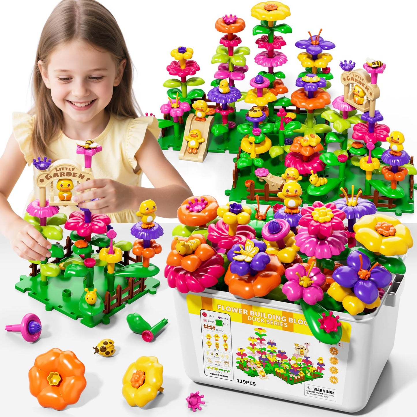 Flower Garden Building Toys for Toddler 3 4 5 6 7 Years Old, DIY Stacking Toys with Storage Box, Kids STEM Preschool Educational Toy, Christmas Birthday Gift for Girls Ages 3-5