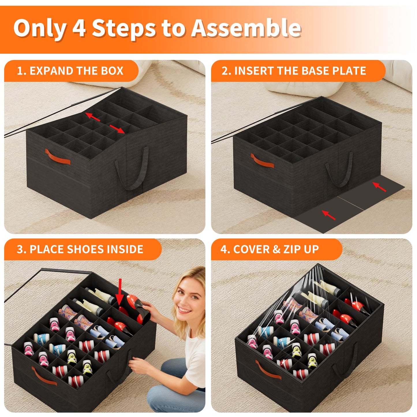 Aokeyee 2 Pack Shoe Organizer for Closet, Large Shoe Storage Box Fits up to 48 Pairs, Space Saving Foldable Shoes Organizer Bin w/Clear Cover and 4 Reinforced Handles, Black