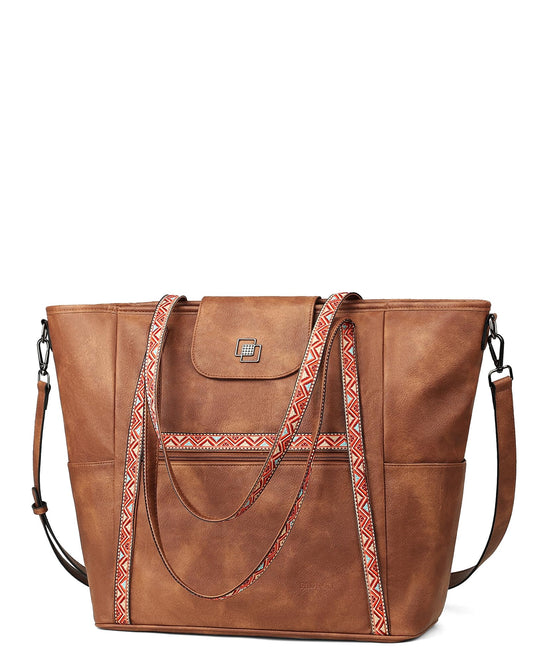 FADEON Large Laptop Tote Bag for Women Designer Leather Laptop Bag Fashion Travel Backpack Purse Shoulder Handbag Brown