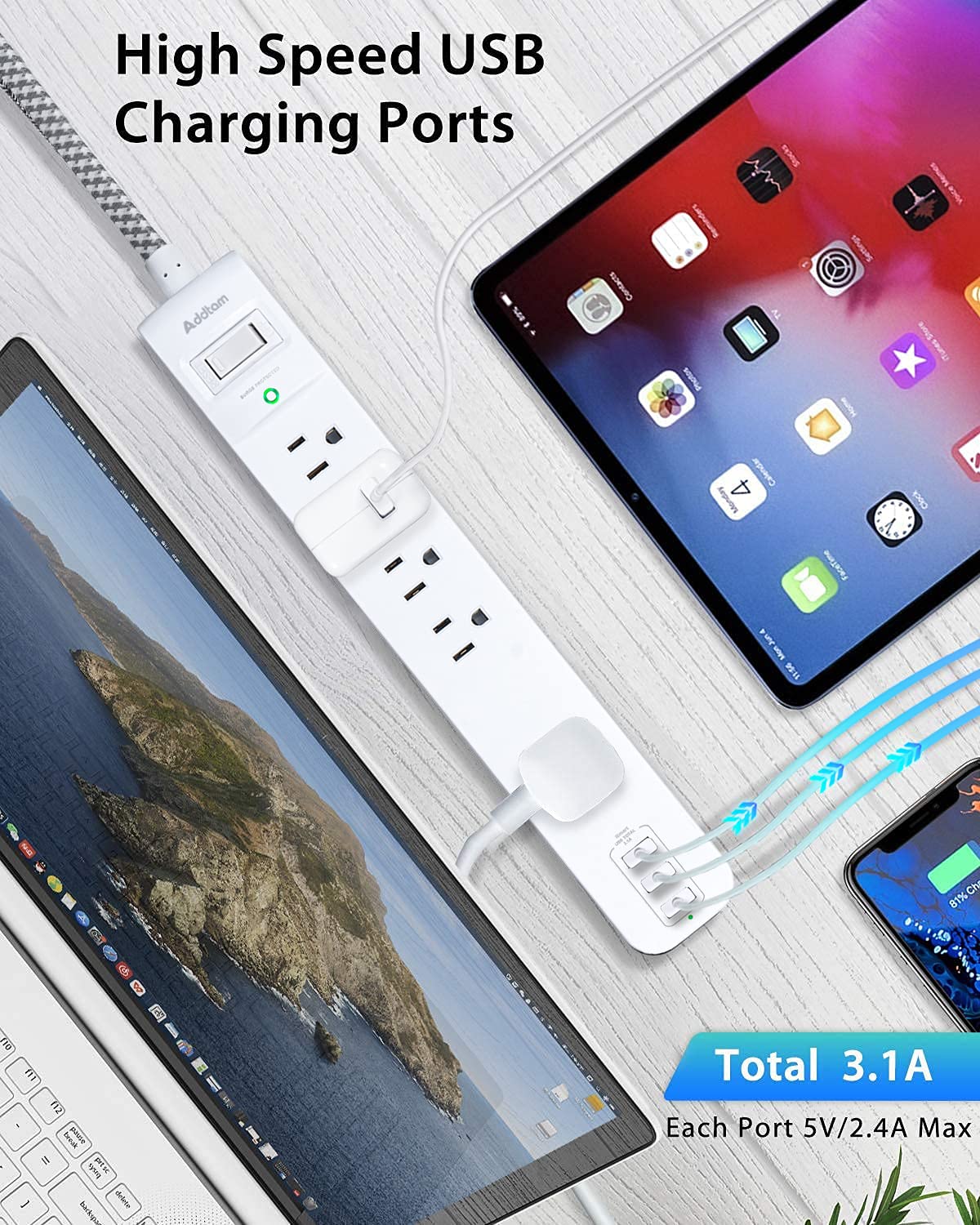Surge Protector Power Strip - 10 FT Long Extension Cord with 5 Widely AC Outlets 3 USB Ports, Flat Plug with Overload Surge Protection for Home, Office, Dorm Essentials (2 Pack)