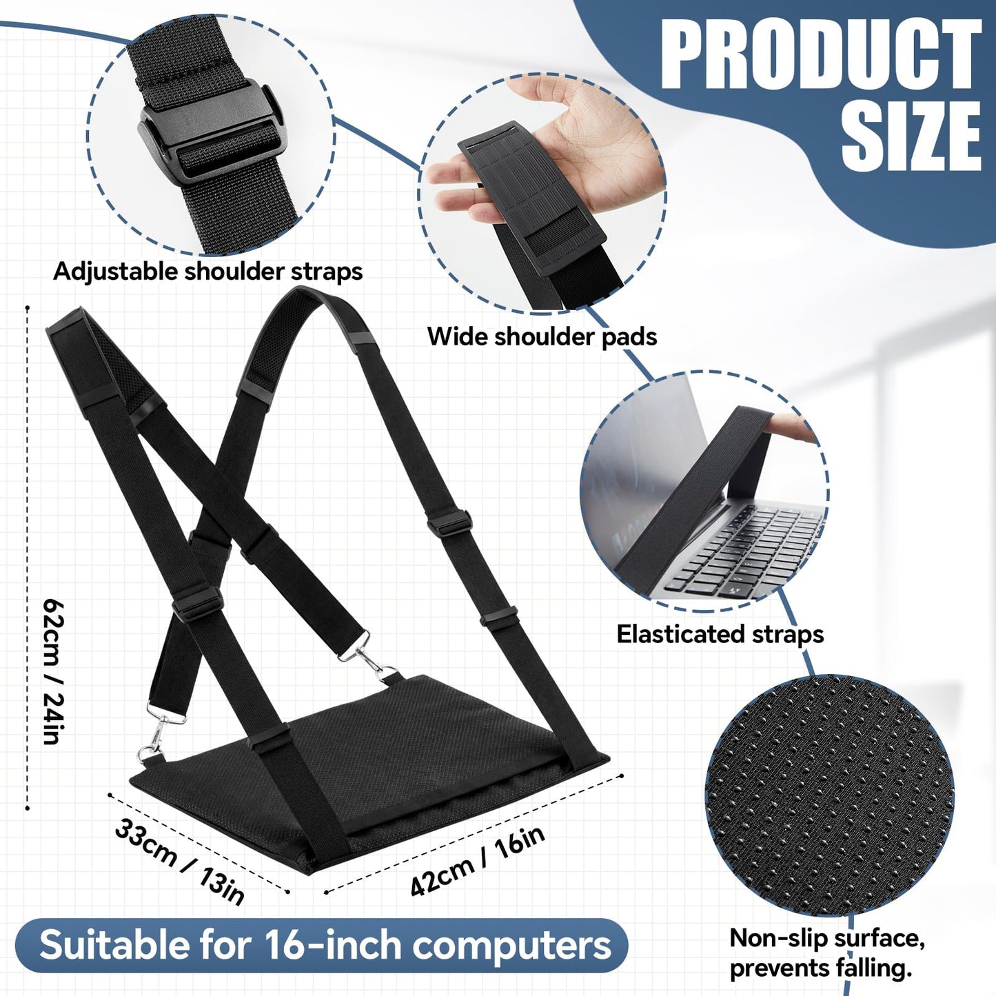 Tellegloww Laptop Harness for Walking Anti-Slip Upgraded Portable Wearable Black Laptop Stand with Safety Strap for up to 16 Inches Tablets E-Readers Notebook Notepad Standing Desk