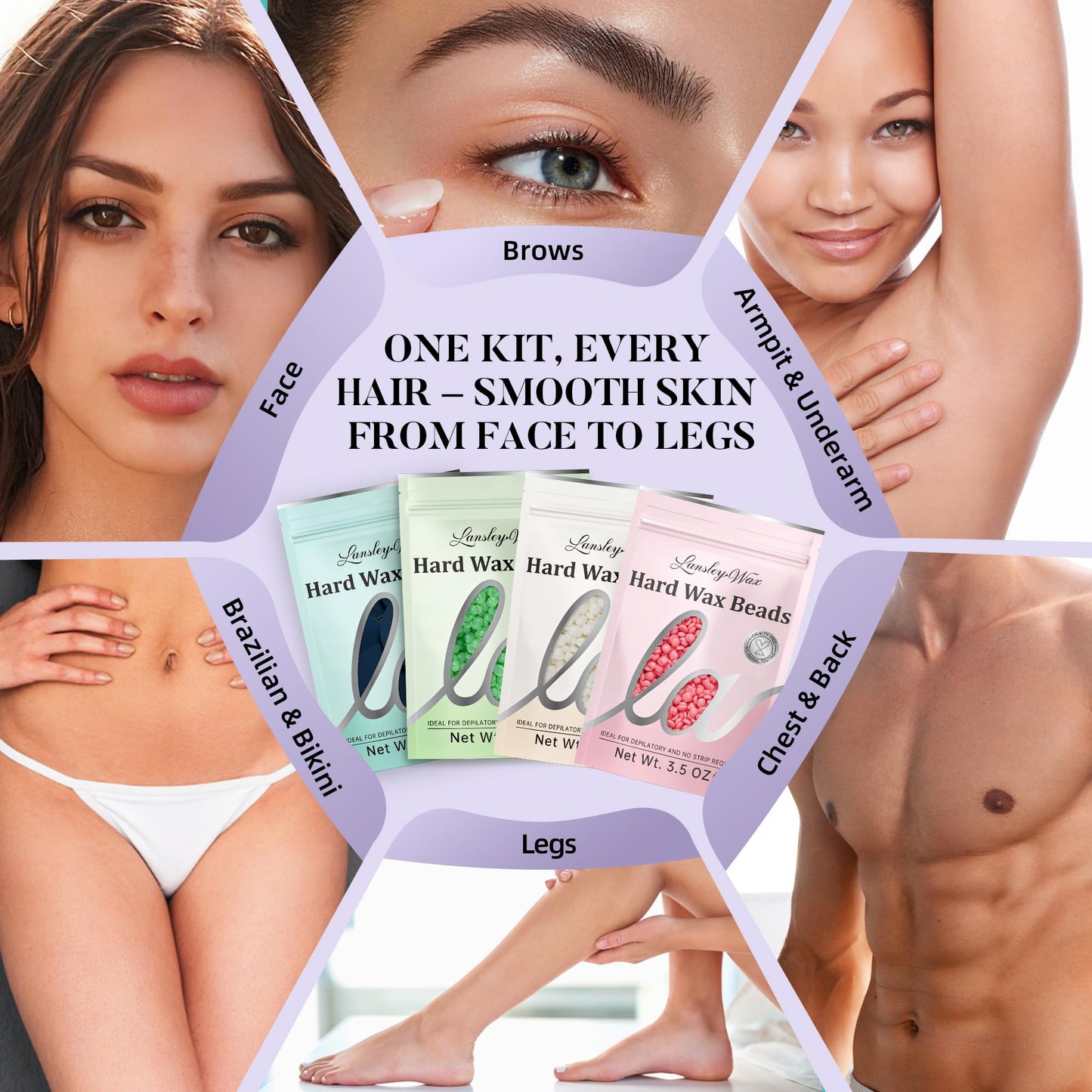 LANSLEYWAX Digital Waxing Kit for Women Men-Purple Waxing Machine with 39 Accessories-Hard Wax Kit for Arms Legs Brazilian Bikini Facial Sensitive Skin, Wax Warmer Hair Removal for Home/Salon Use