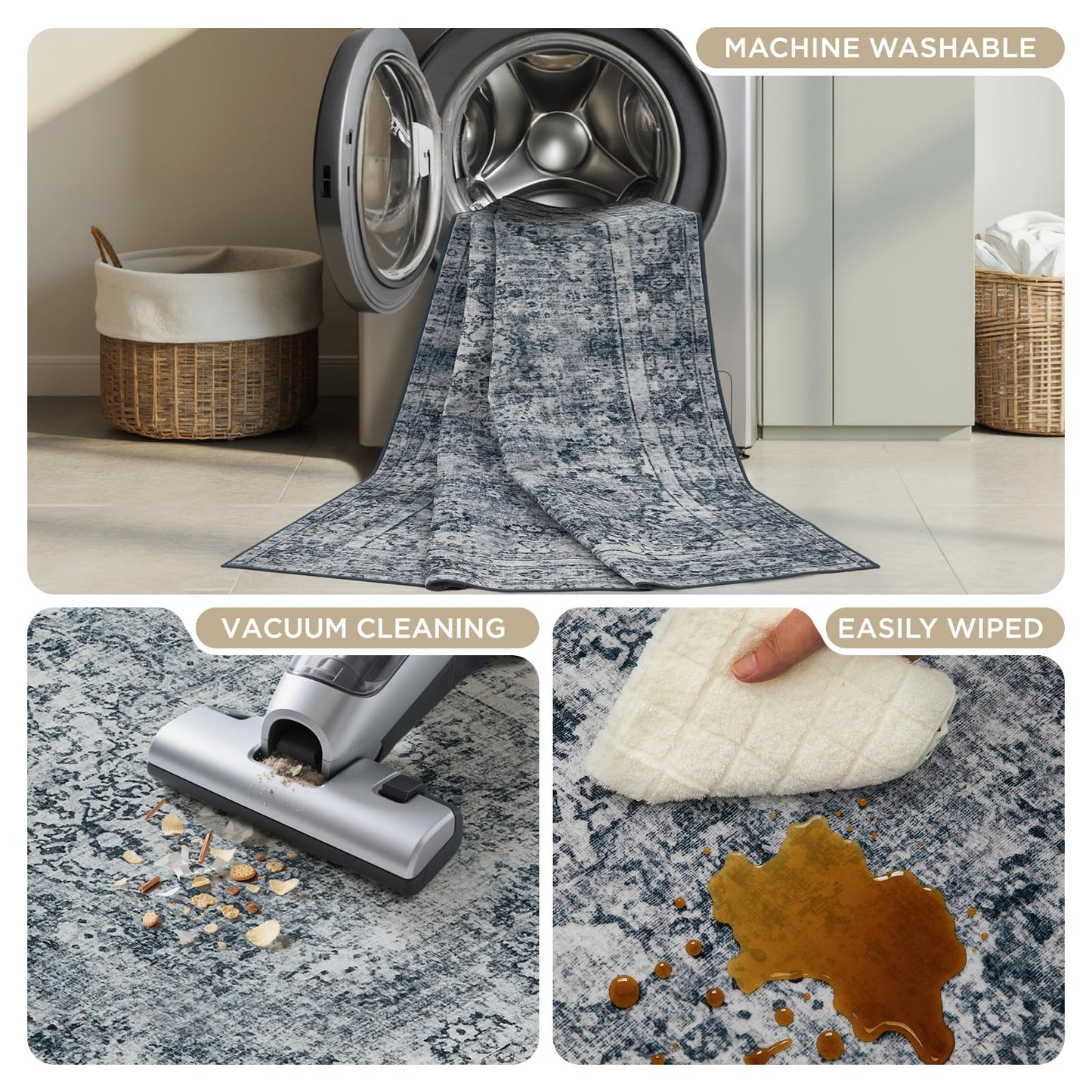 Joydeco 5x7 Area Rugs for Living Room, Machine Washable Vintage Area Rugs, Low Pile Non Slip Carpet, Lightweight Chenille Print Rug for Bedroom, Dining Room, Home Office, Light Grey