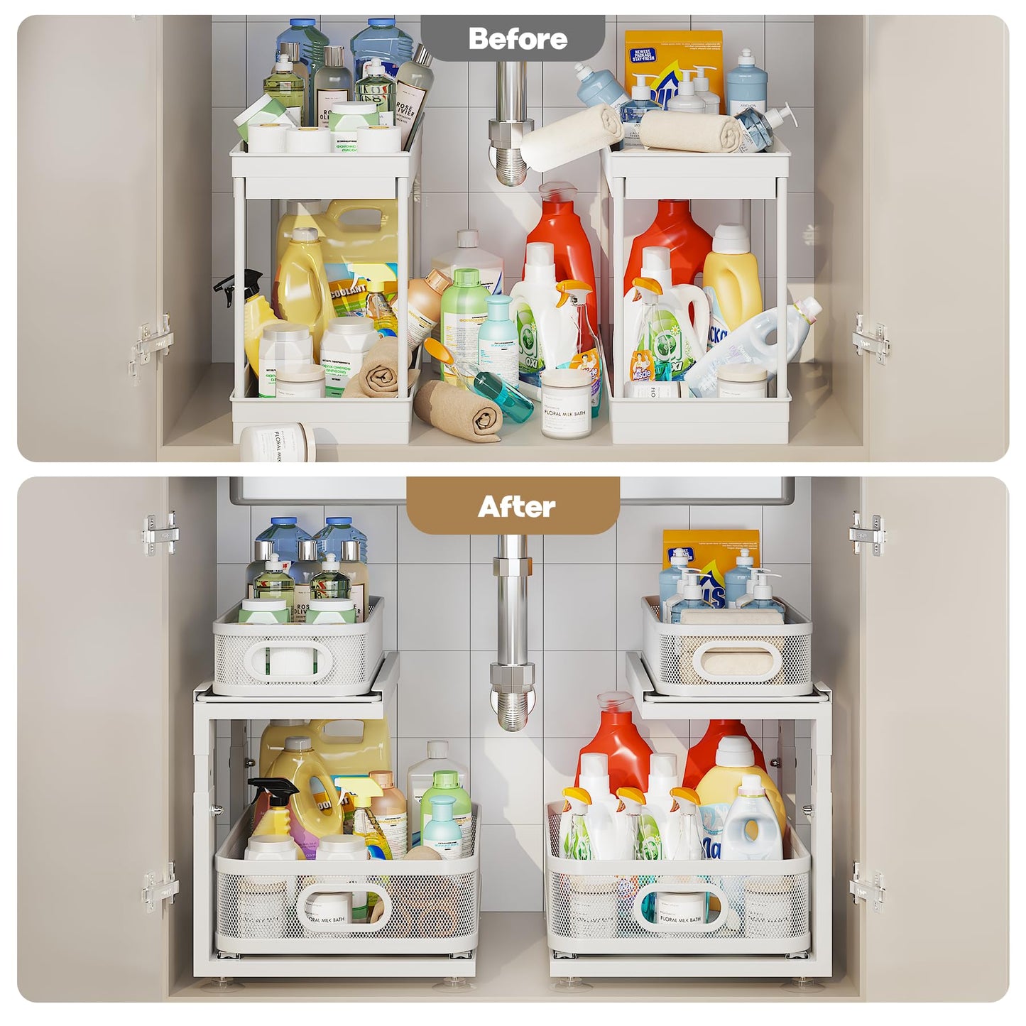 Corbyles 2 Pack Under Sink Organizer With Next-Gen Ball-Bearing Slides,2-Tier Precision Mesh Pull Out Cabinet Drawers Storage for Bathroom&Kitchen,Height Adjustable Shelf,Rust-resistant-Patent Pending