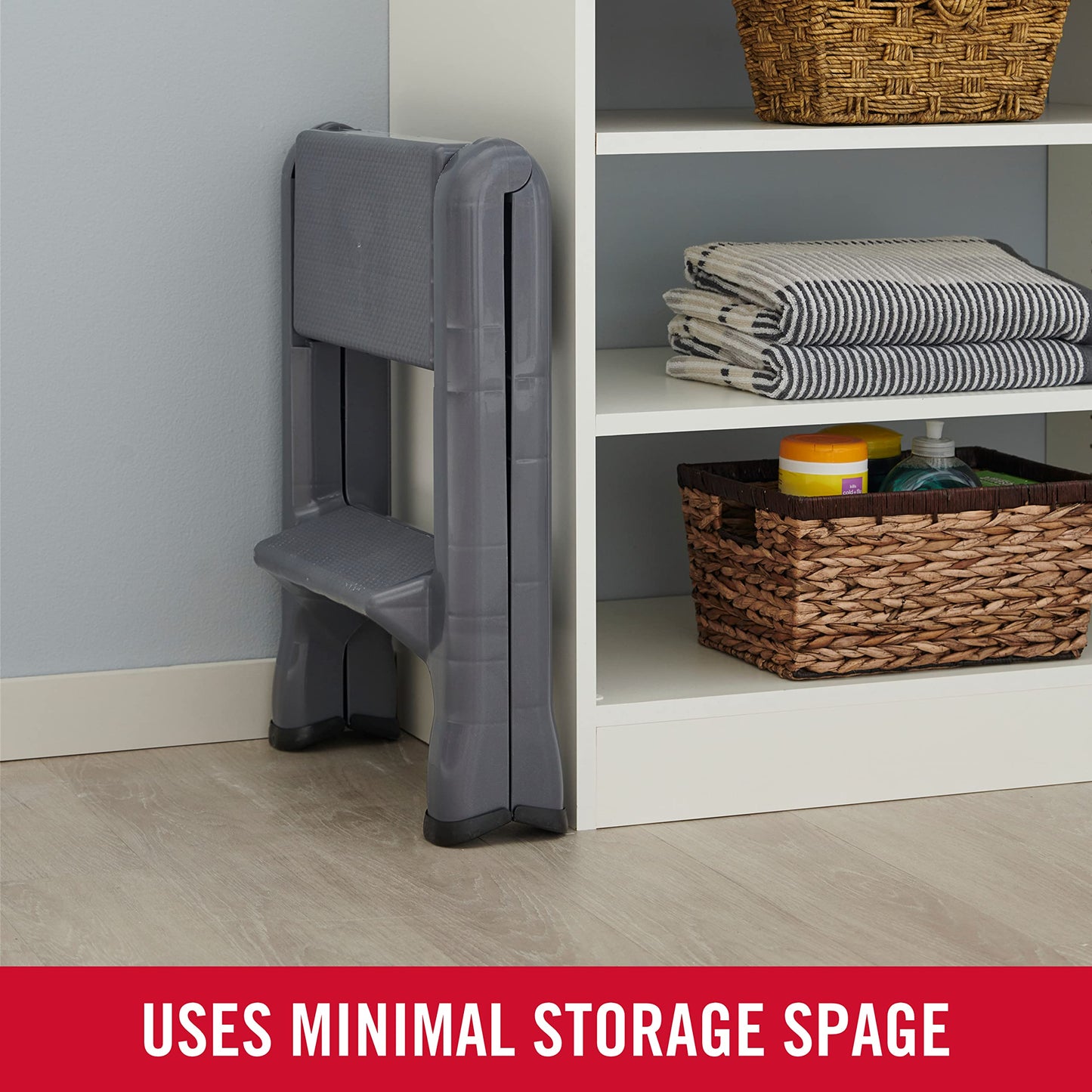 Rubbermaid Two-Step Folding Foot Stool 14-Inch High Gray 300-Pound Capacity Small Step Stool for Adults/Kids for Use in Library/Kitchen/Bathroom/Garage/Closet