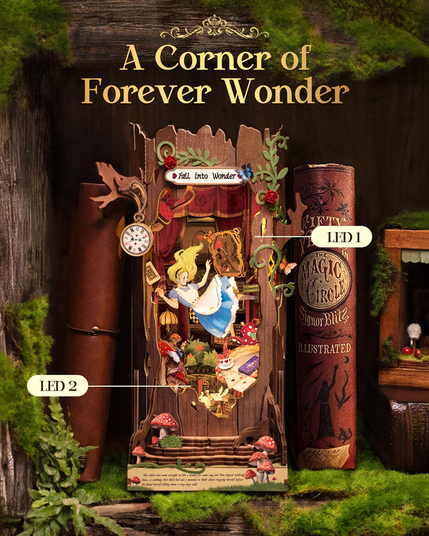 Rolife Book Nook Kit Fall into Wonder DIY Miniature Kit, 9.9" Tree Hollow Booknook 3D Wooden Puzzle with LEDs Fairy Tale Bookshelf Decor Gift for Adults & Teens