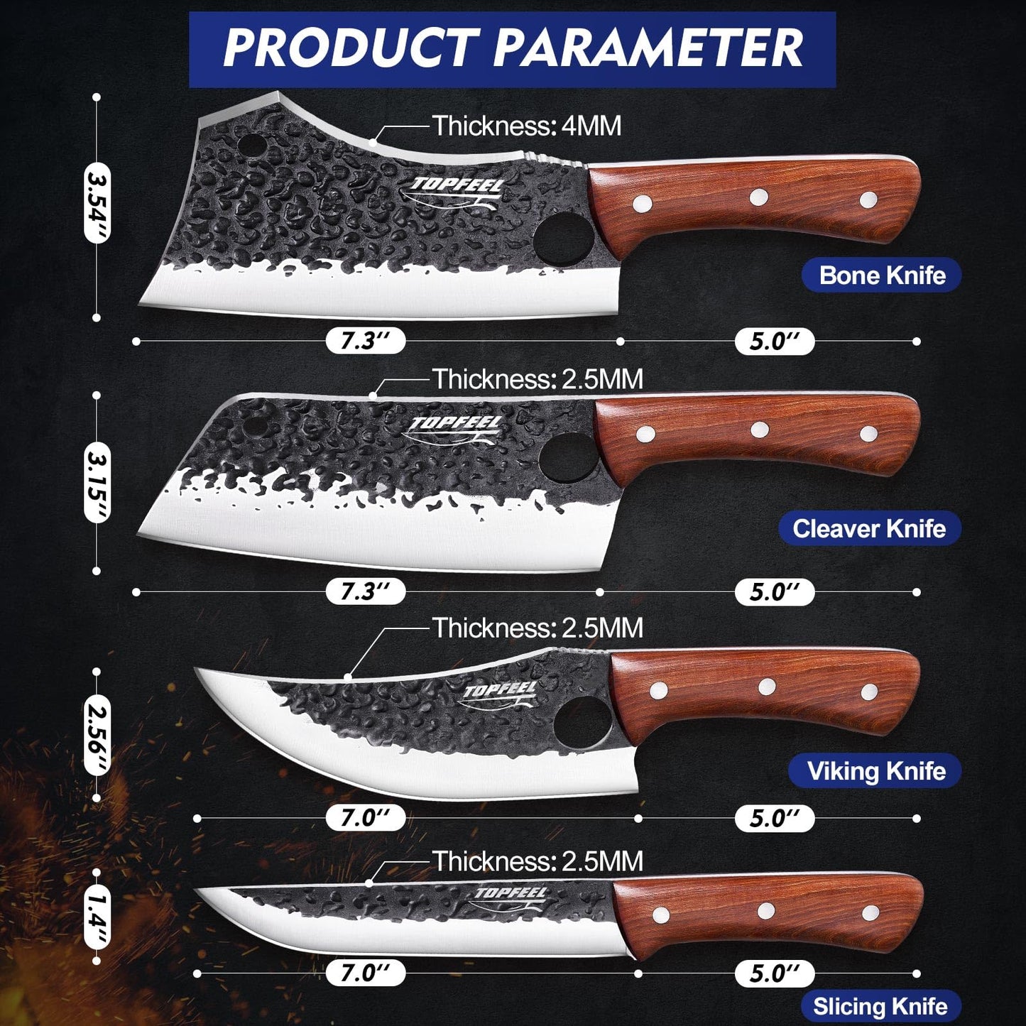 Topfeel 4PCS Meat Cleaver Set -Heavy Duty Bone Chopper & Meat Cleaver & Viking Knife & Slicing Knife, Chef Knives Set for Home Kitchen,Camping, BBQ Knives Gift for Men