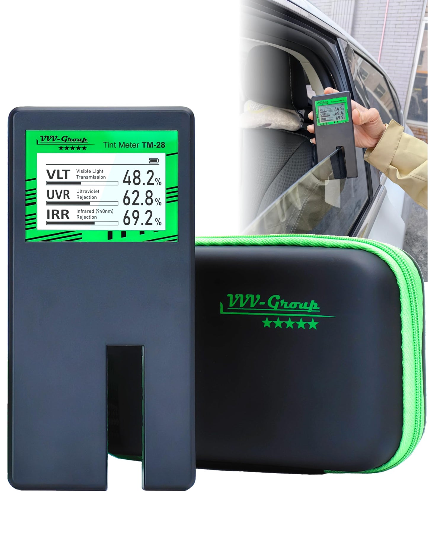 Digital Car Window Tint Meter TM-28 – Side Window Tint Tester for Light Transmission, UV/IR Rejection, Auto Calibration, Display Rotation
