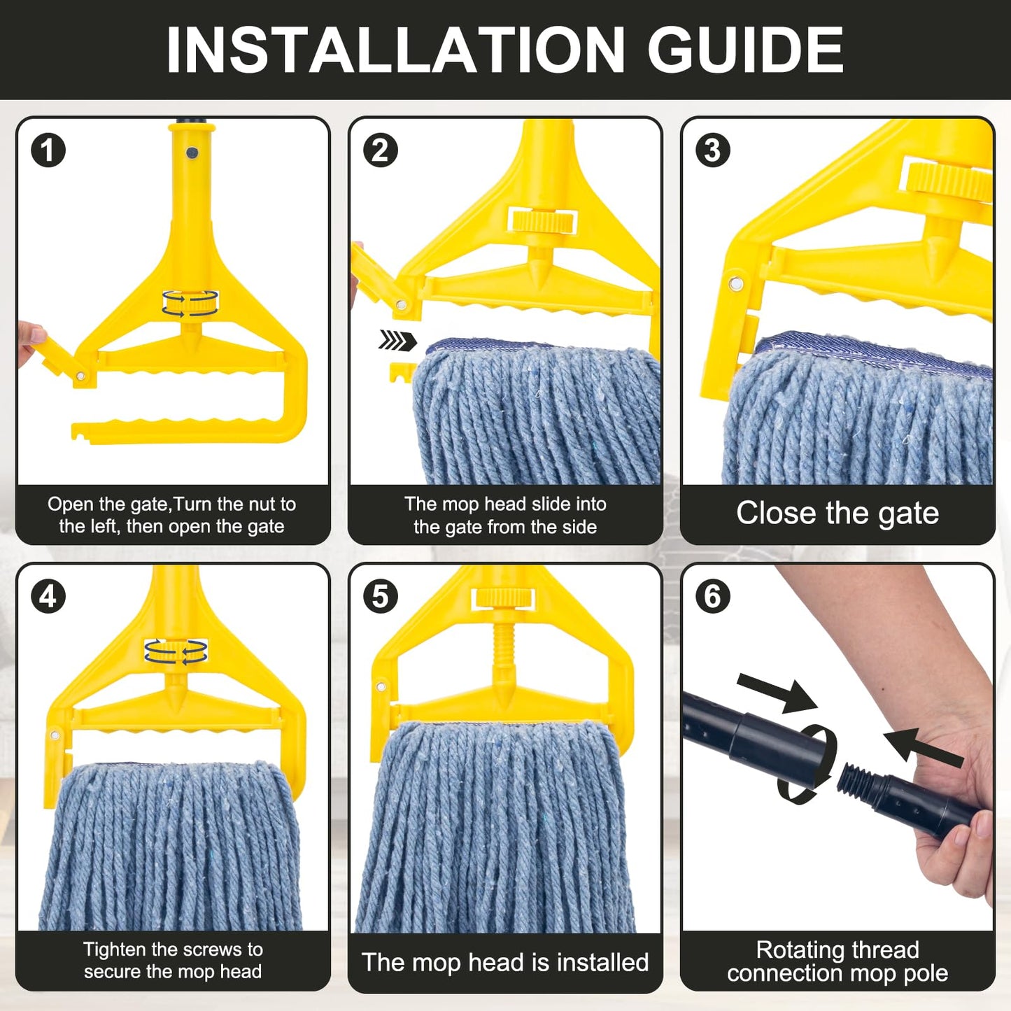 Commercial Industrial Mop with 3 Extra Large Reusable Replacement Head,59" Long Handle Heavy Duty Wet Mops,Looped-End String Cotton Mop for Floor Cleaning,House,Kitchen,Office,Garage,Tile(Yellow)