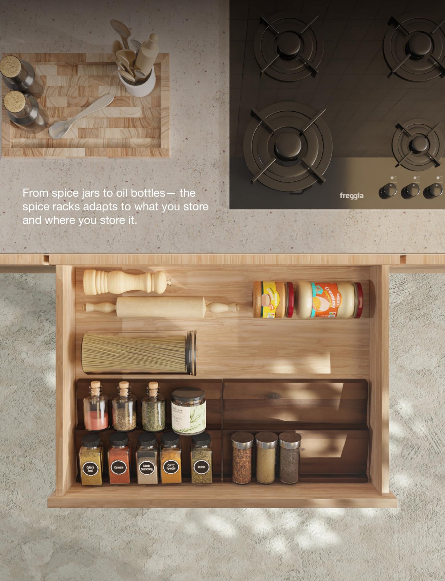 Tinamo Acacia Wooden Spice Rack Organizer for Cabinet - Spice Drawer Insert, Spice Organization for Cabinet, Seasoning Organizer, Spice Holder Pack of 8 (Walnut, Pack 8)