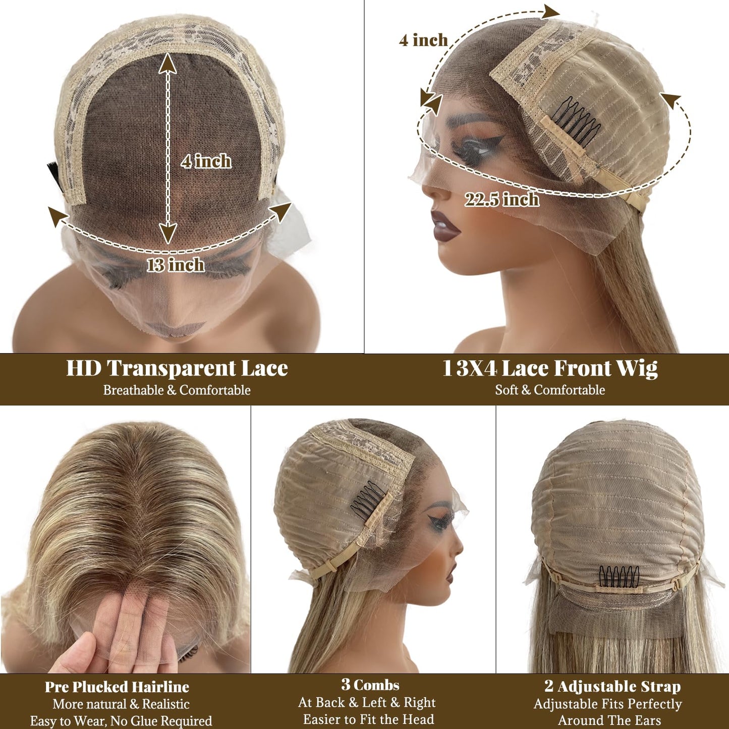 22 Inch Ombre Lace Front Wig Human Hair 13x4 Straight Highlight Lace Front Wig Human Hair #8T18/60 Ash Brown to Blonde HD Lace Closure Wigs for Women 150% Density Pre Plucked Hairline
