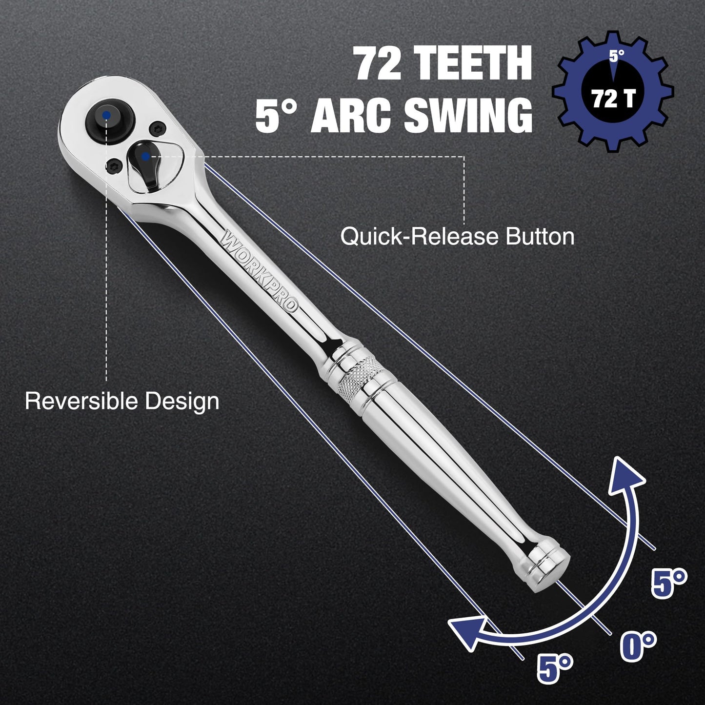 WORKPRO 3-Piece Ratchet Set, Quick Release Reversible, 72-Tooth, 1/4", 3/8", 1/2" Drive Ratchet Wrench, 5 Degree Swing, Chrome Alloy Made, Full Polished, EVA Storage
