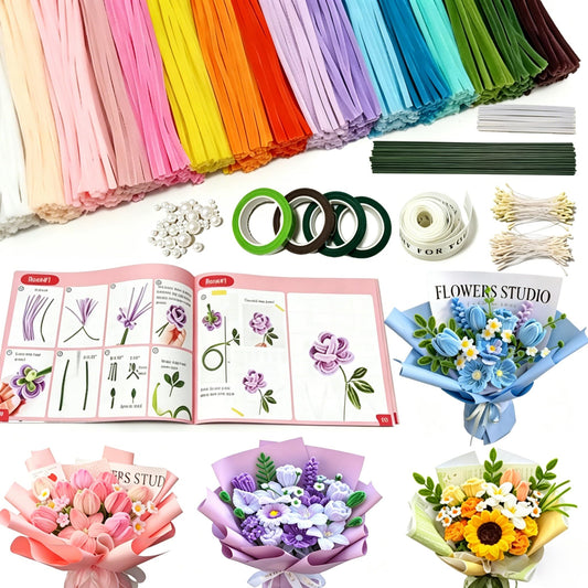 EcoSolace Pipe Cleaners Craft Kit, 850 Pieces in 16 Colors with Chenille Stems, Stamens, Pearls, Poles, Ribbon, Tape and User Manual for Flower Making, Art and Craft Supplies
