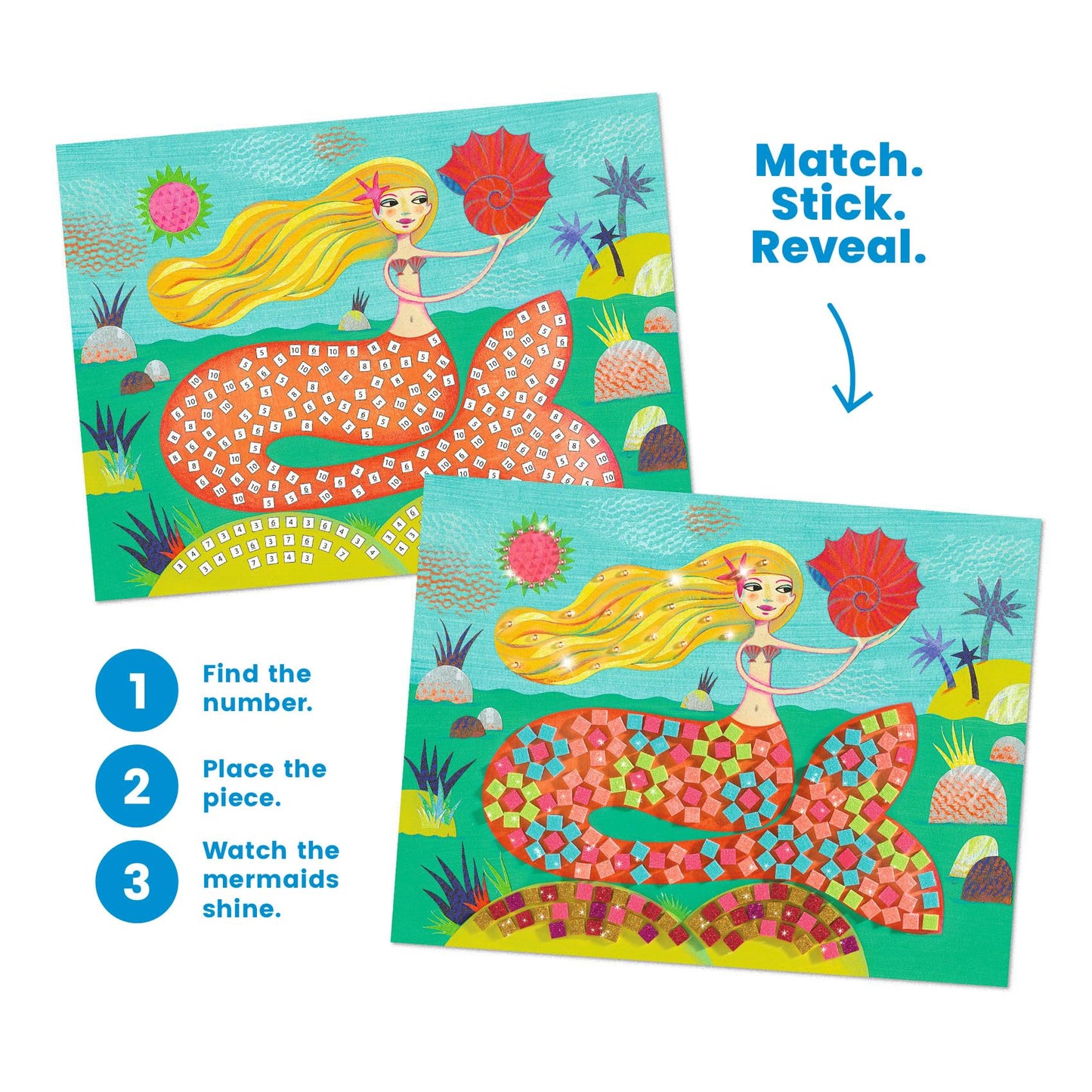 DJECO Mermaid's Song Mosaic Arts & Crafts Kit - Create Your Own Glittery Underwater Scene for School - Fun & Creative for Family & Friends, Boys & Girls, Educational, Sticker Foam for Kids 5+