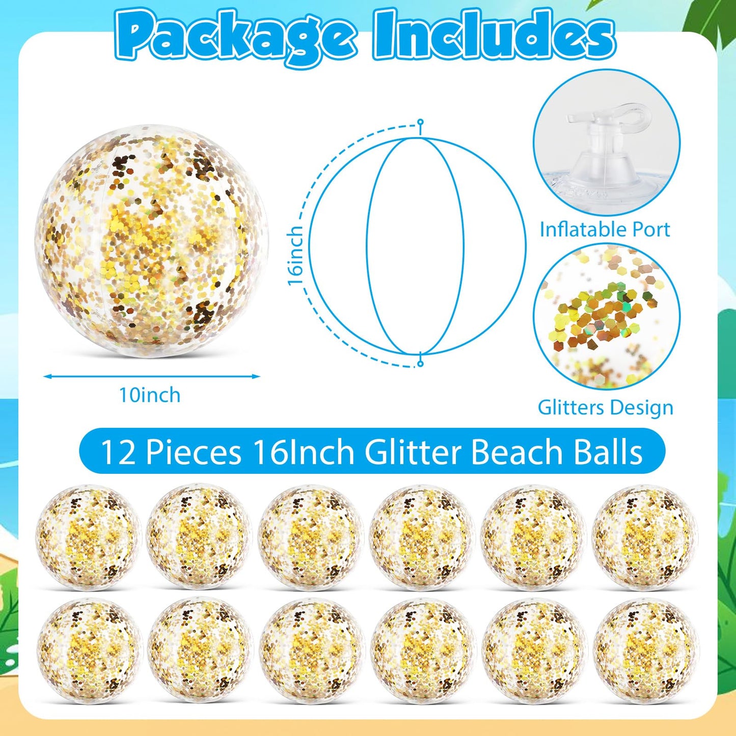 QOUBAI 12 Pack Gold Glitter Beach Beach Balls 16" Large Inflatable Sparkly Confetti Pool Balls Glitter Pool Toys PVC Jumbo Sport Ball for Birthday Hawaiian Halloween Wedding Christmas Party Favor