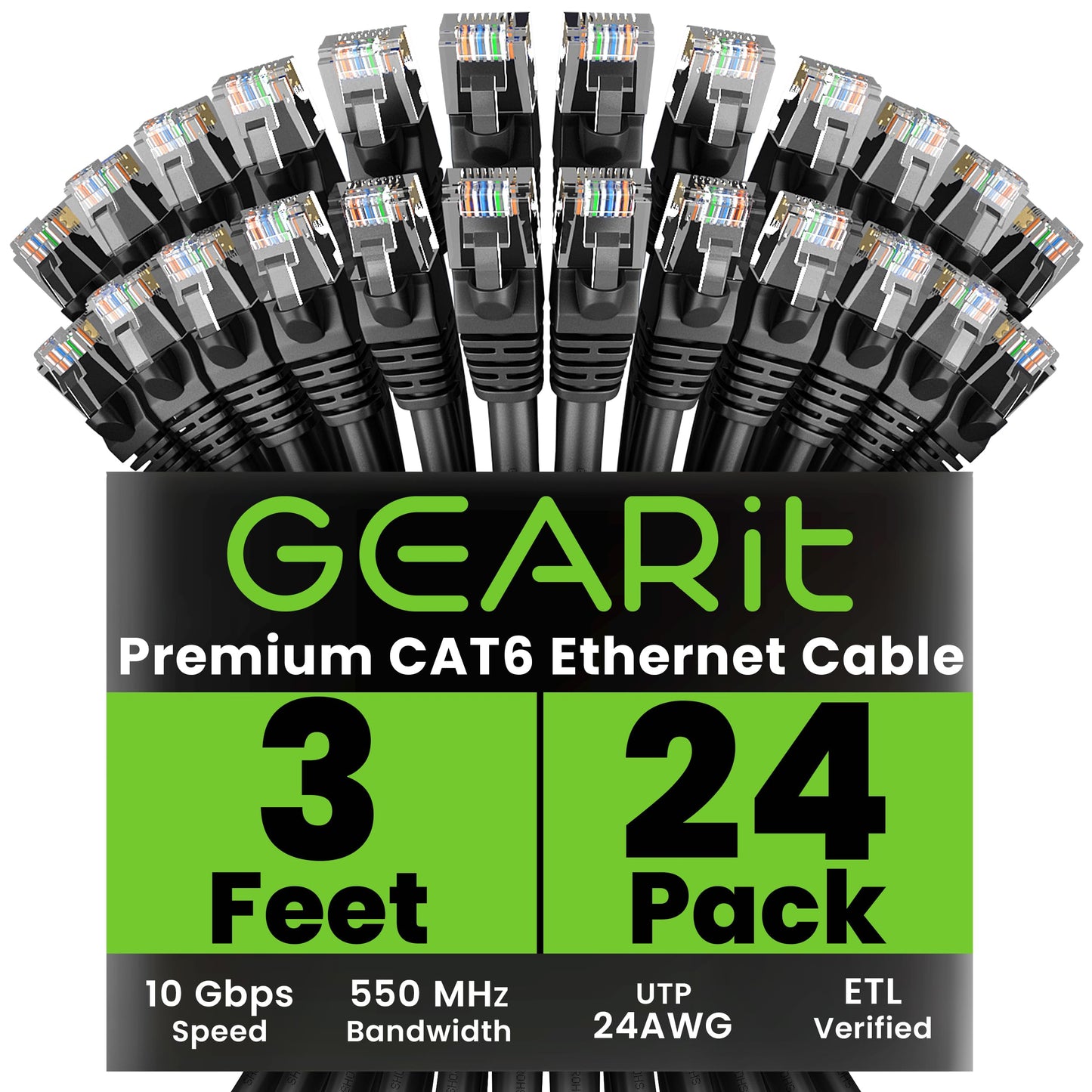 GEARit Cat 6 Ethernet Cable (24-Pack 3 Feet) Cat6 Network Patch, 10Gbps, RJ45, Snagless Cord, Gold-Plated Connectors, Internet for PC, TV, Tablet, Router, Printer, Servers, IT Data Center - Black
