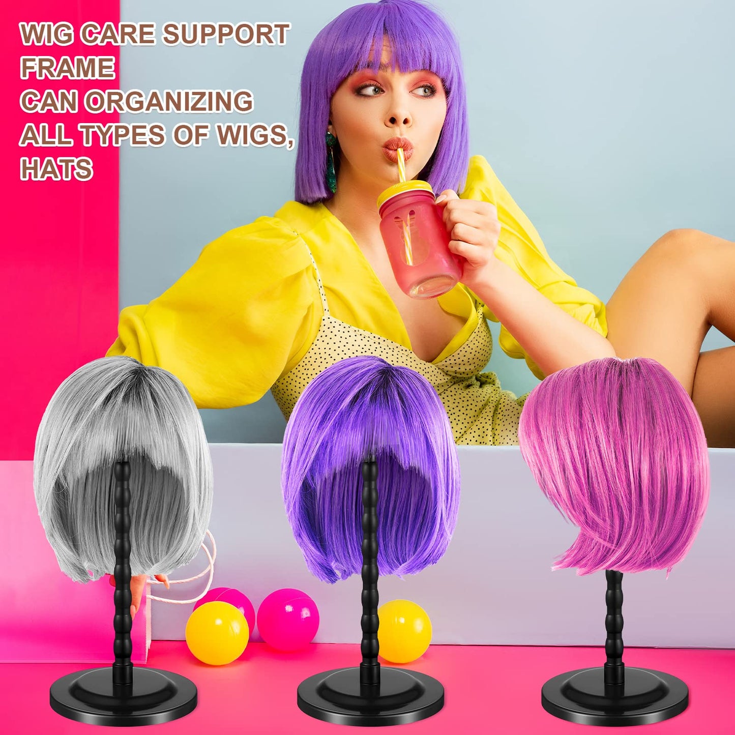 Reginary 8 Pieces Wig Head Stand for Multiple Wigs Mannequin Head 13.8 Inch Portable Hat Display Stand Travel Wig Holder for Styling Non Slip Stable DIY Practice Hat Holder(Black)