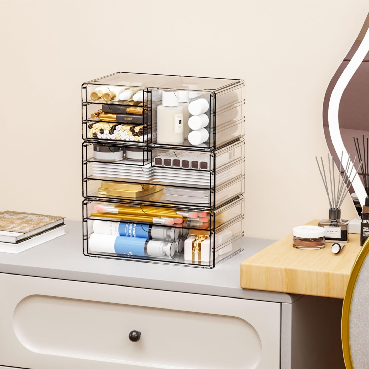 Yieach 3 Pack Clear Storage Drawers With 10 Drawers,Stackable 11.1” Large Acrylic Drawer Organizer and Makeup Organizer For Vanity,Bathroom Countertop,Cabinet,Pantry,Office Supply Storage Bins Drawers