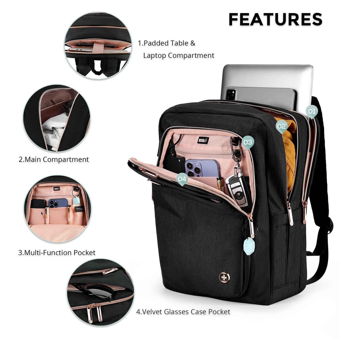 Swissdigital Design Katy Rose Backpack For Women Black with Rose Gold-Tone Zippers College Travel Laptop Backpack With Apple Find My network (KATY ROSE SD1006FB0-01) One Nation One World