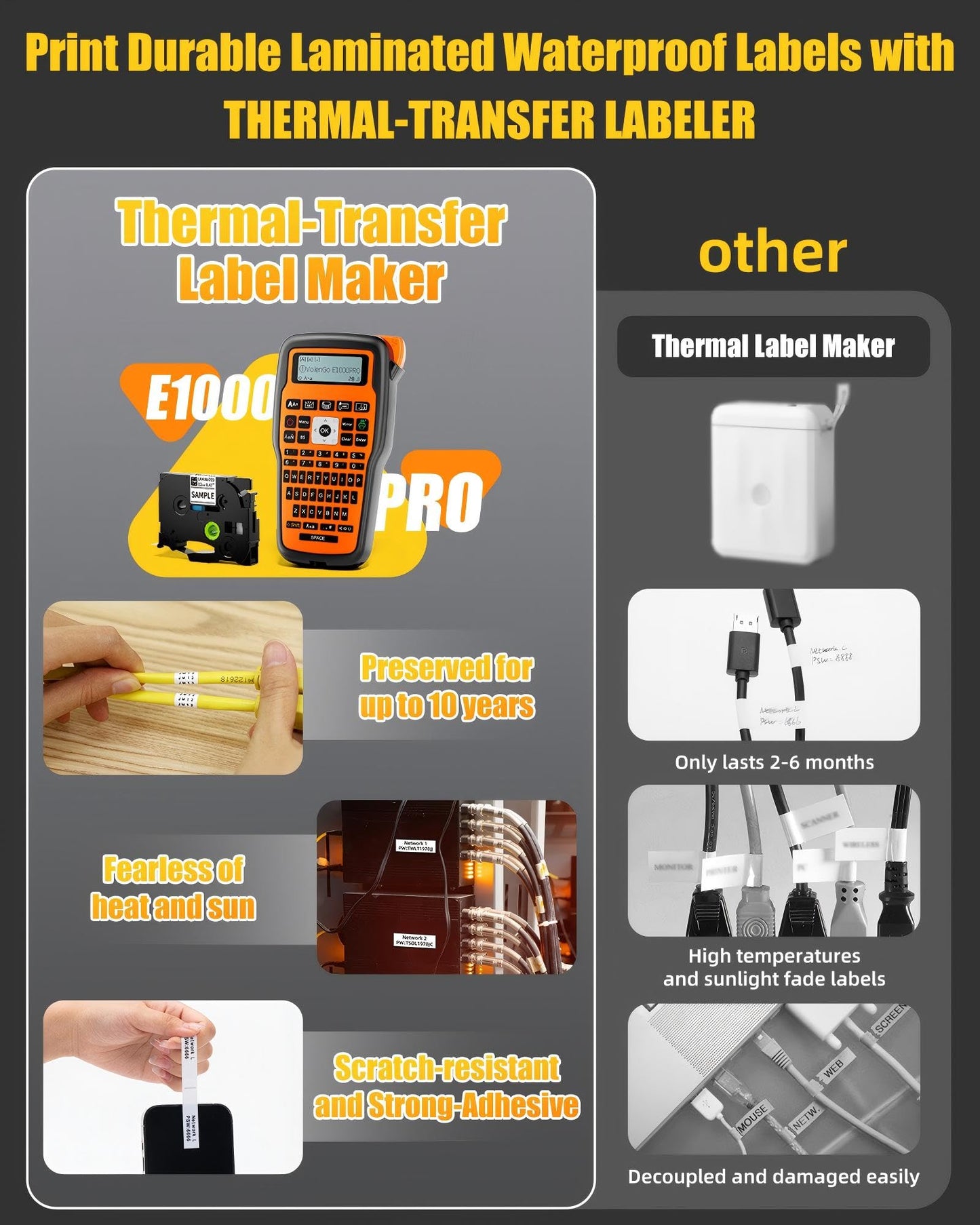 VolenGo Label Maker Machine with-Tape, Heat Shrink Label Maker Waterproof-Labels, Wire Cable label Maker, E1000 Labeler Machine with-Tape 12mm Laminated Handheld Labeling Machine for Industrial Office
