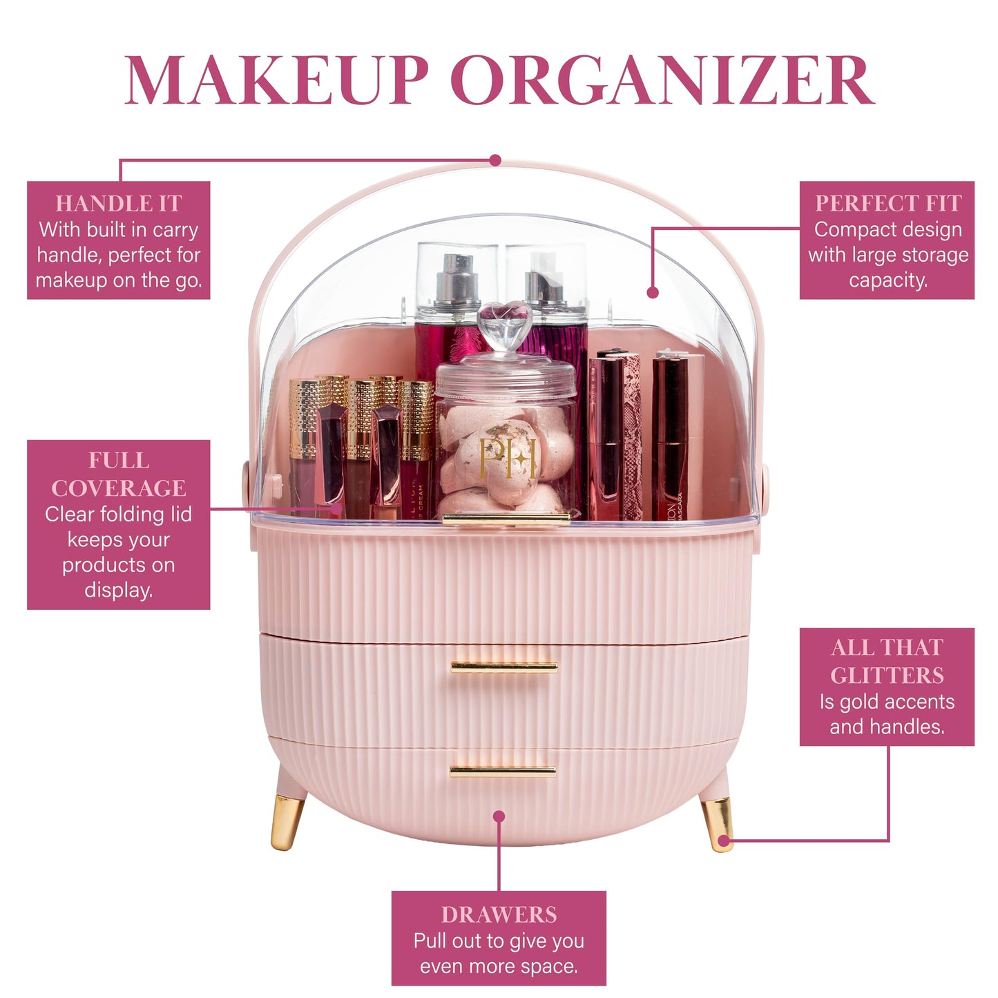 Paris Hilton Makeup Storage Organizer with Lid, Standard, Pink