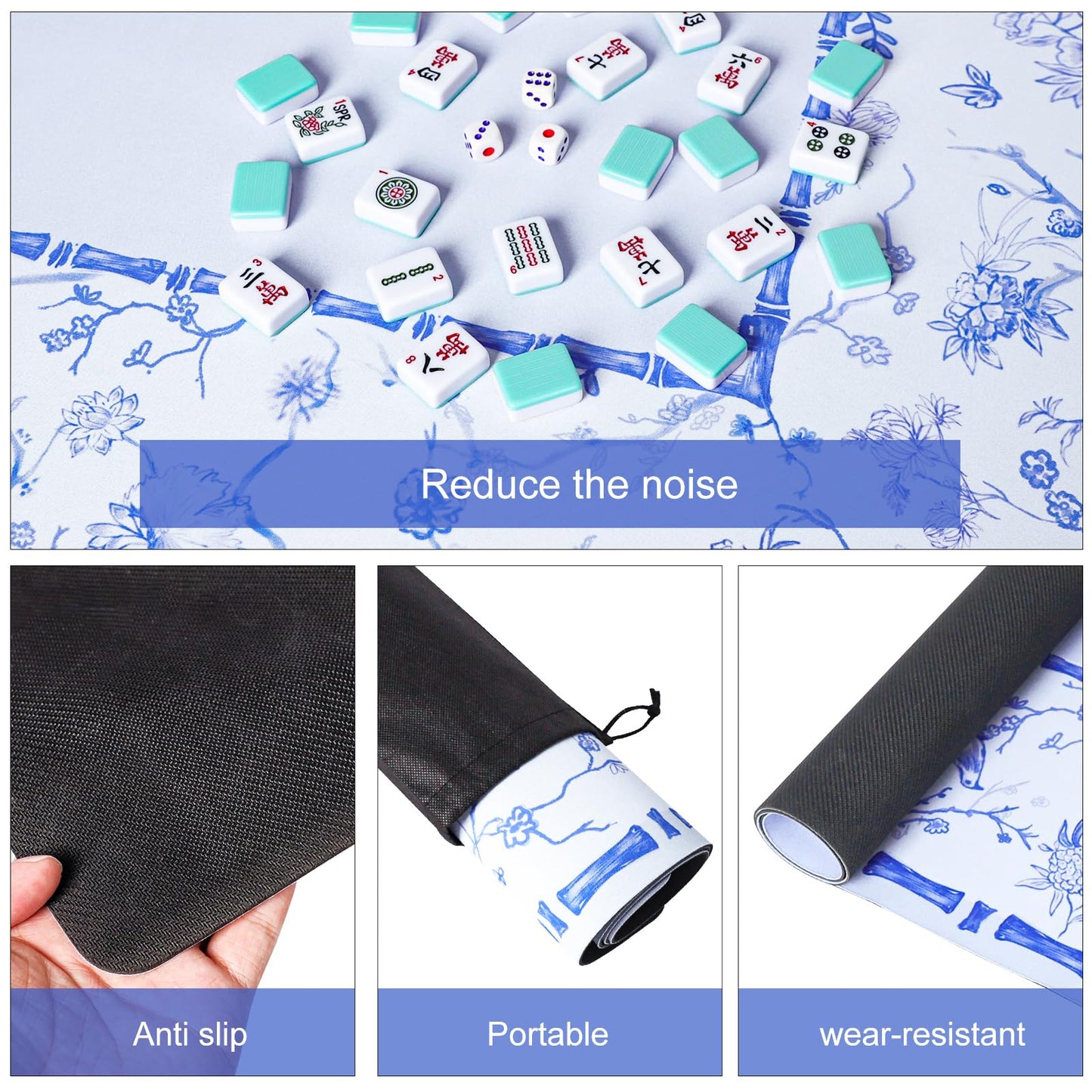 TIASUSAN Large Blue Mahjong Mat (31.5” x 31.5”) with Black Carrying Bag, Anti-Slip, Noise-Reducing Table Cover for Mahjong, Poker, Board Games, Dominoes, and Card Games