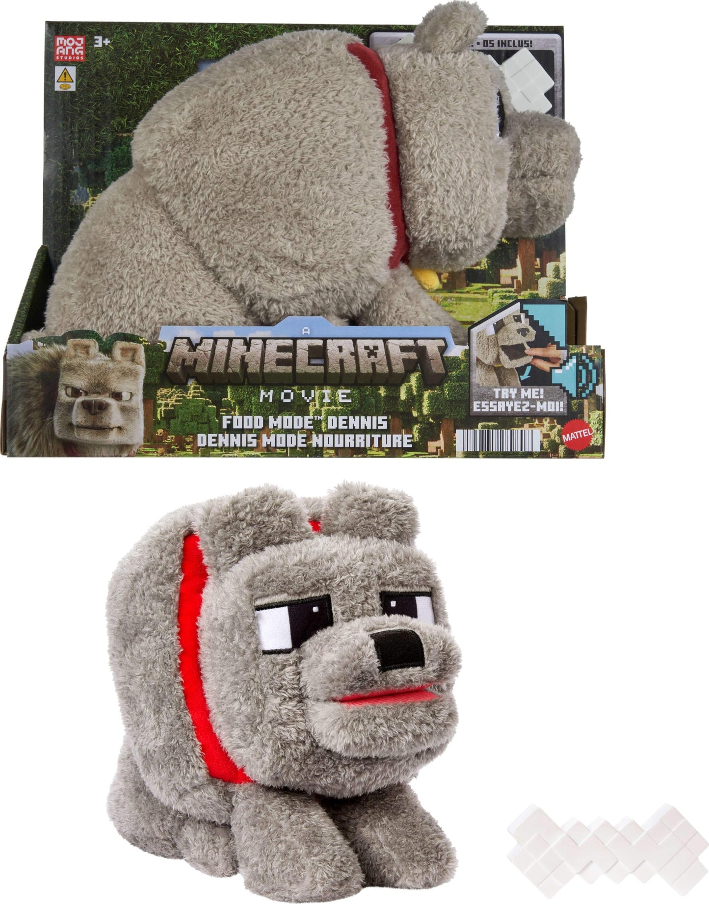 Mattel Minecraft Dennis the Wolf Plush Toy with Feeding Action & Sound, Food Mode Stuffed Animal Inspired by a Minecraft Movie