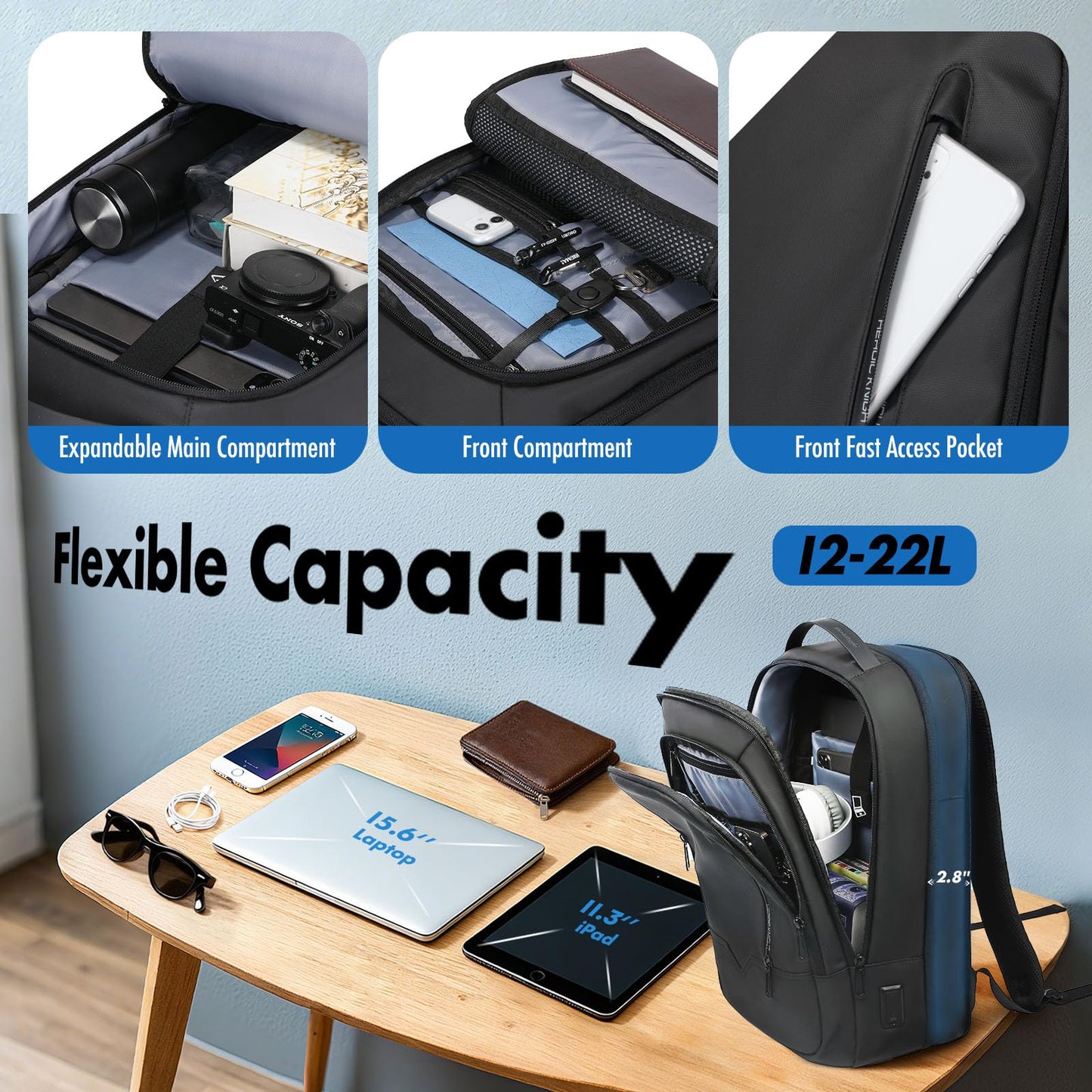 hk Slim Expandable Laptop Backpack for Men, 15.6 Inch Business Work Backpack with USB Charging Port, Water-Resistant Computer Backpack for Office Travel Daily Commute, Black