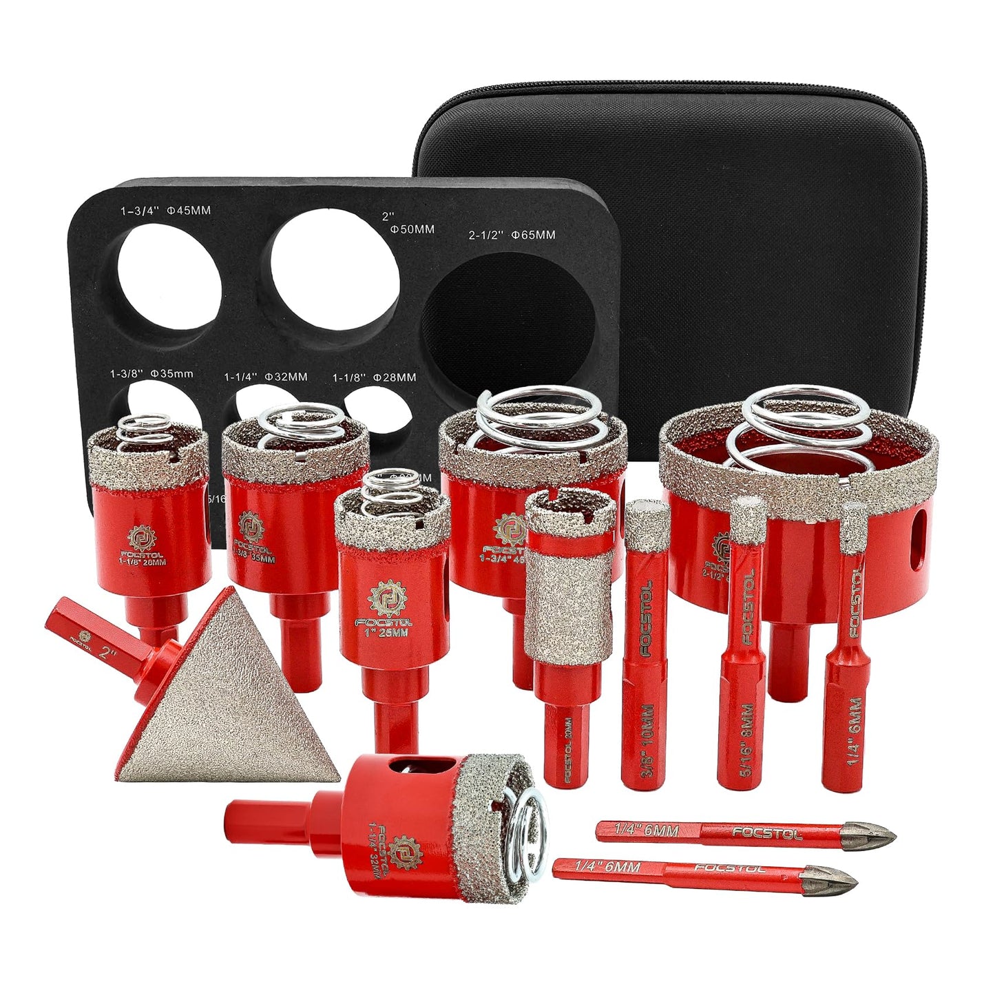 Diamond Core Drill Bit Set - FOCSTOL Diamond Hole Saw Kit for Porcelain Ceramic Tile 13pcs (6/8/10/25/28/32/35/45/65mm+50mm Beveling Chamfer Bit+20mm Drilling Milling Bit+6/6mm Carbide Drill)