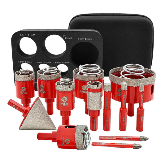 Diamond Core Drill Bit Set - FOCSTOL Diamond Hole Saw Kit for Porcelain Ceramic Tile 13pcs (6/8/10/25/28/32/35/45/65mm+50mm Beveling Chamfer Bit+20mm Drilling Milling Bit+6/6mm Carbide Drill)