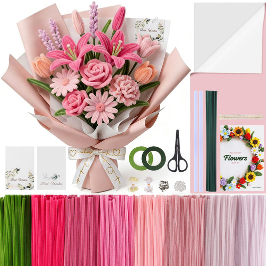 EARLY MINDS 800Pcs Pipe Cleaner Flower Bouquet Kit, 8 Colors Romantic Pink Chenille Stems Craft Set with Floral Tape, Flower Stems, Gift Wrap & More, DIY Bouquet Gift for Adults