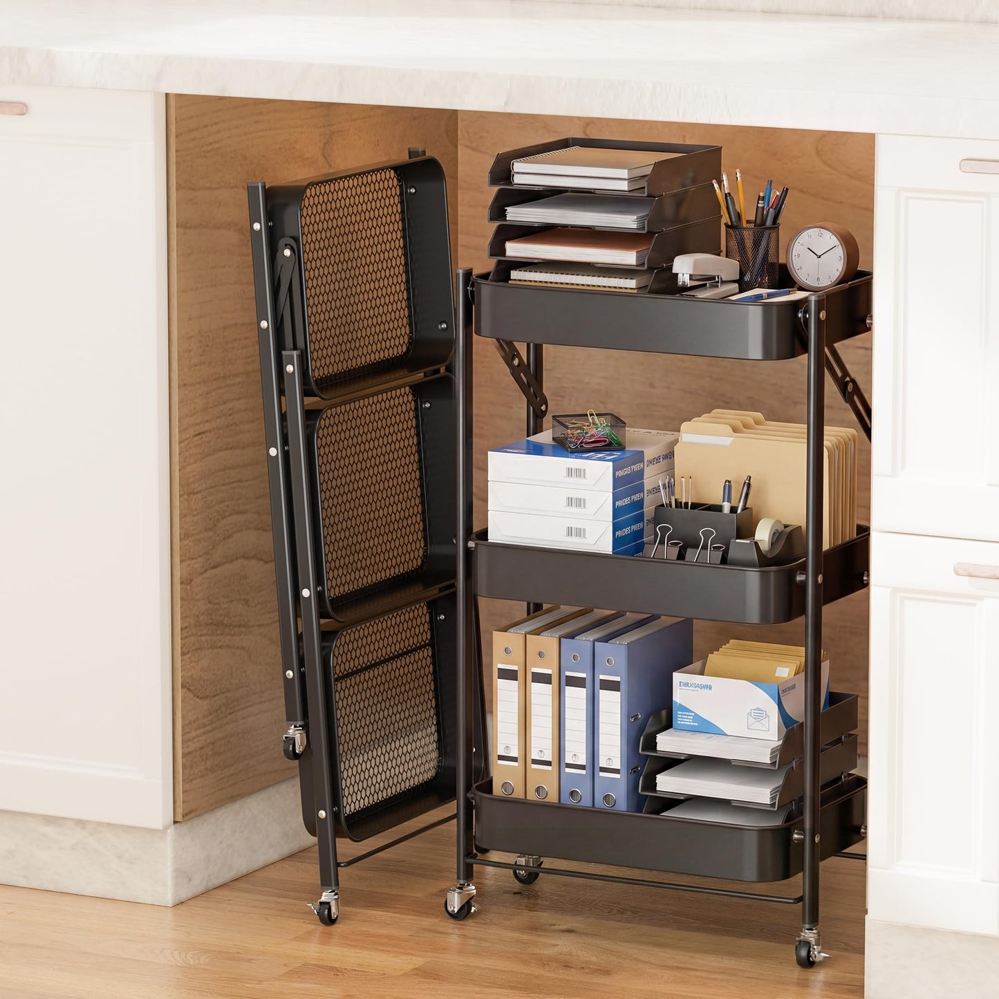 JAQ No Assembly Required Under Desk Rolling Cart, 3-Tier Foldable Metal Utility Cart, 26.8" Low Profile Storage Cart with Wheels, 10" Narrow Small Space Organizer, Black