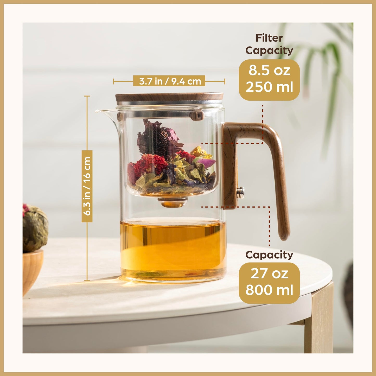 WOLTBLOOM Enchanti Glass Teapot with Infuser - Magic Tea Pot for Loose Leaf Tea - Borosilicate Glass Tea Maker with Heat-Resistant Handle - Gift Box & Writable Card - 800ML (27oz)