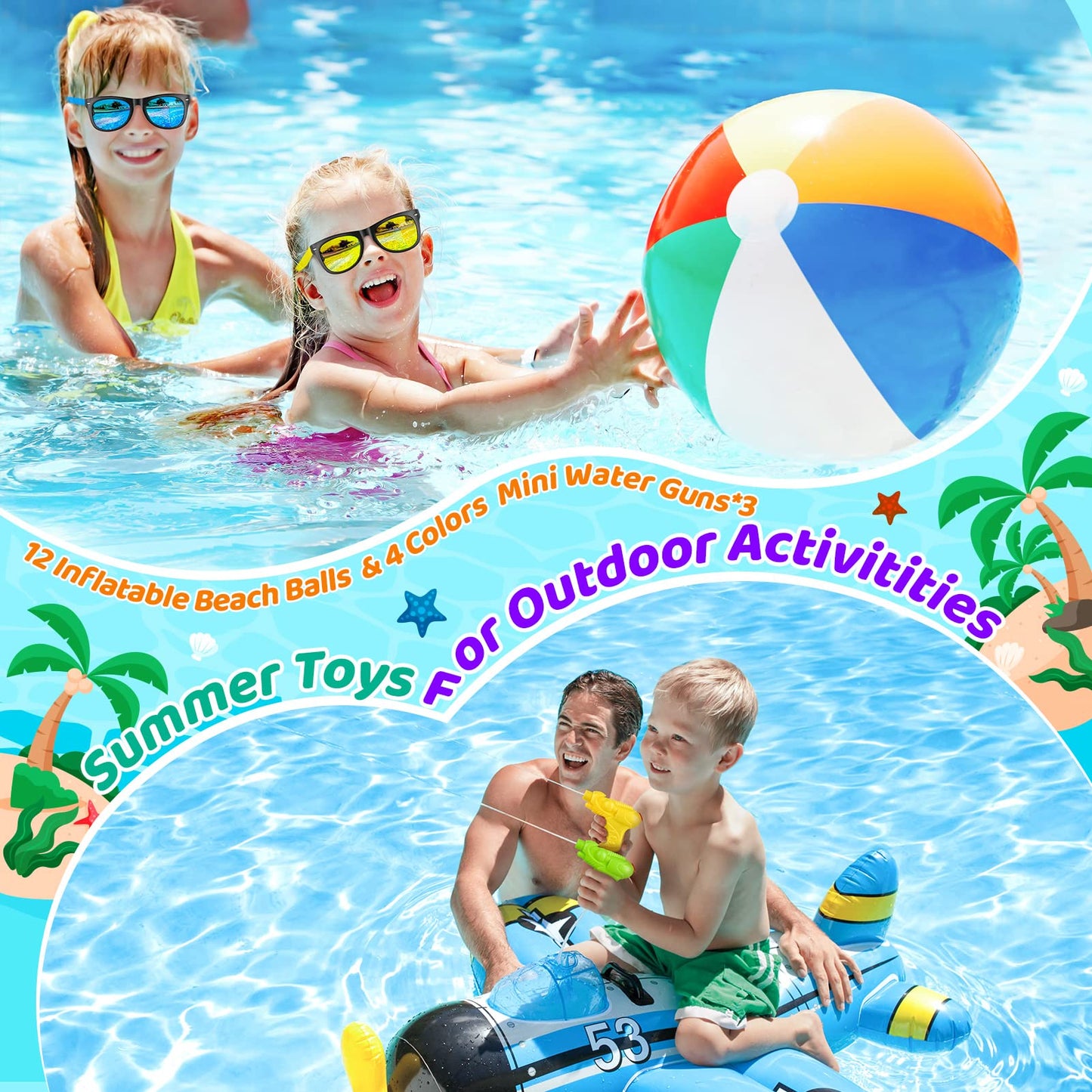 Pool Party Favors Beach Party Favors - 60 PCS Pool Toys For Kids Ages 3-8 Beach Balls Bulk, Sand Bucket and Shovels Set, Kids Sunglasses Bulk, Beach Summer Toys, Pool Party Supplies,Sand Toys