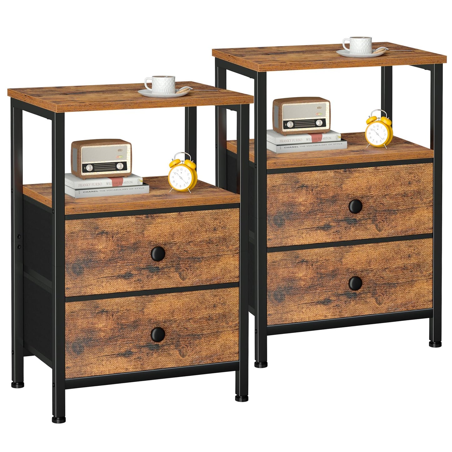LOAKEKEL Nightstands Set of 2, Night Stand with 2 Fabric Drawers, Bed Side Table with Open Storage Shelf for Bedroom, Small End Tables Living Room, Rustic Brown, HETS002BR