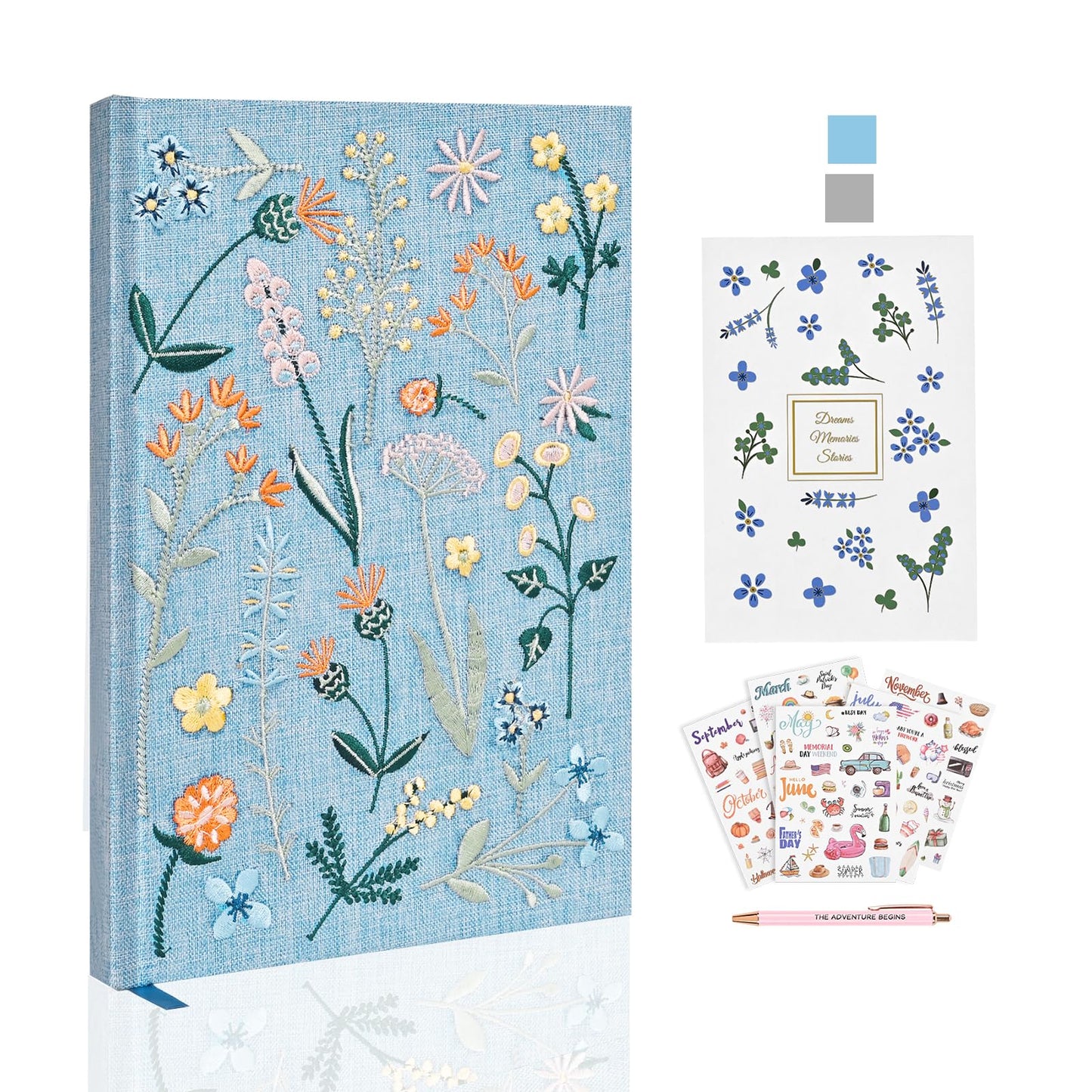 Journal for Women, Embroidered Linen Hardcover Notebook, A5 Journals for Writing & Sketching, Half Blank & Half Lined Journal, Aesthetic Writing Journal with Pen & 200+Stickers, Gift Set for Women