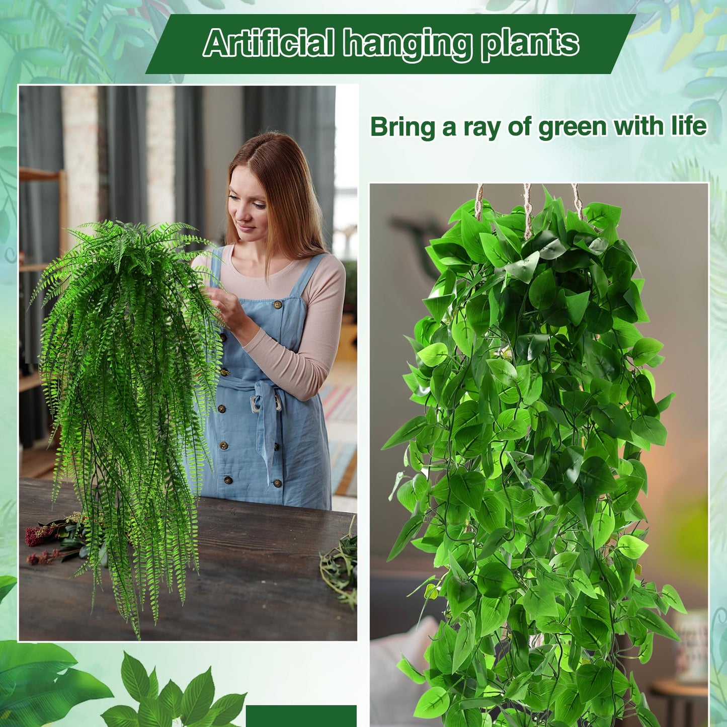 Daifunli 12 Pcs Artificial Hanging Plants Fake Hanging Ferns Plastic Faux Plants for Wall Room Garden Garland Indoor Outdoor Decor No Basket (Boston,Eucalyptus,Ivy Vine,String of Pearls)