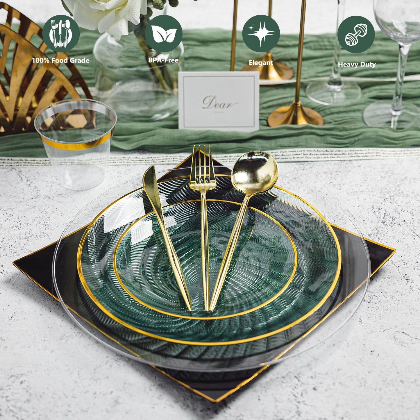 N9R 180 PCS Disposable Dinnerware Set with Gold Rim for 30 Guests,Green Plastic Plates Include 30 Dinner Plate, 30 Dessert Plates, 30 Cups, 90 Heavy Duty Gold Plastic Silverware for Party & Wedding