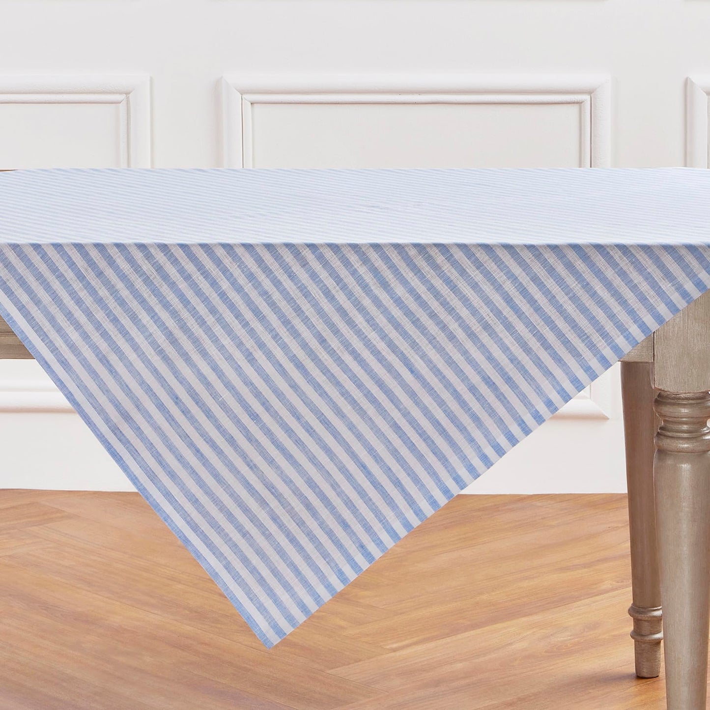 Solino Home Linen Square Tablecloth 52 x 52 Inch - Amalfi Stripe, 100% Pure Linen Sky Blue and White Table Throw - Machine Washable Tablecloth for Summer