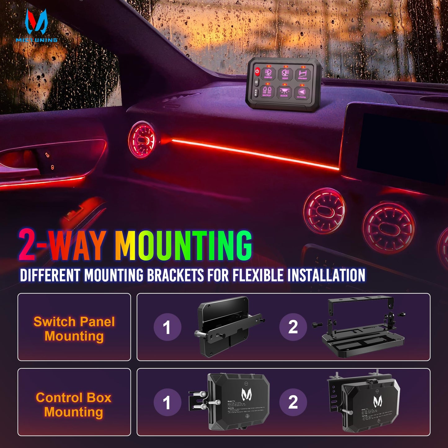 MICTUNING P1s RGB 6 Gang Switch Panel, Multifunction Toggle Momentary Strobe Pulsed Switch Pod with Backlit Off 5 Level Brightness Circuit Control Relay System Box for Truck RV Offroad Marine