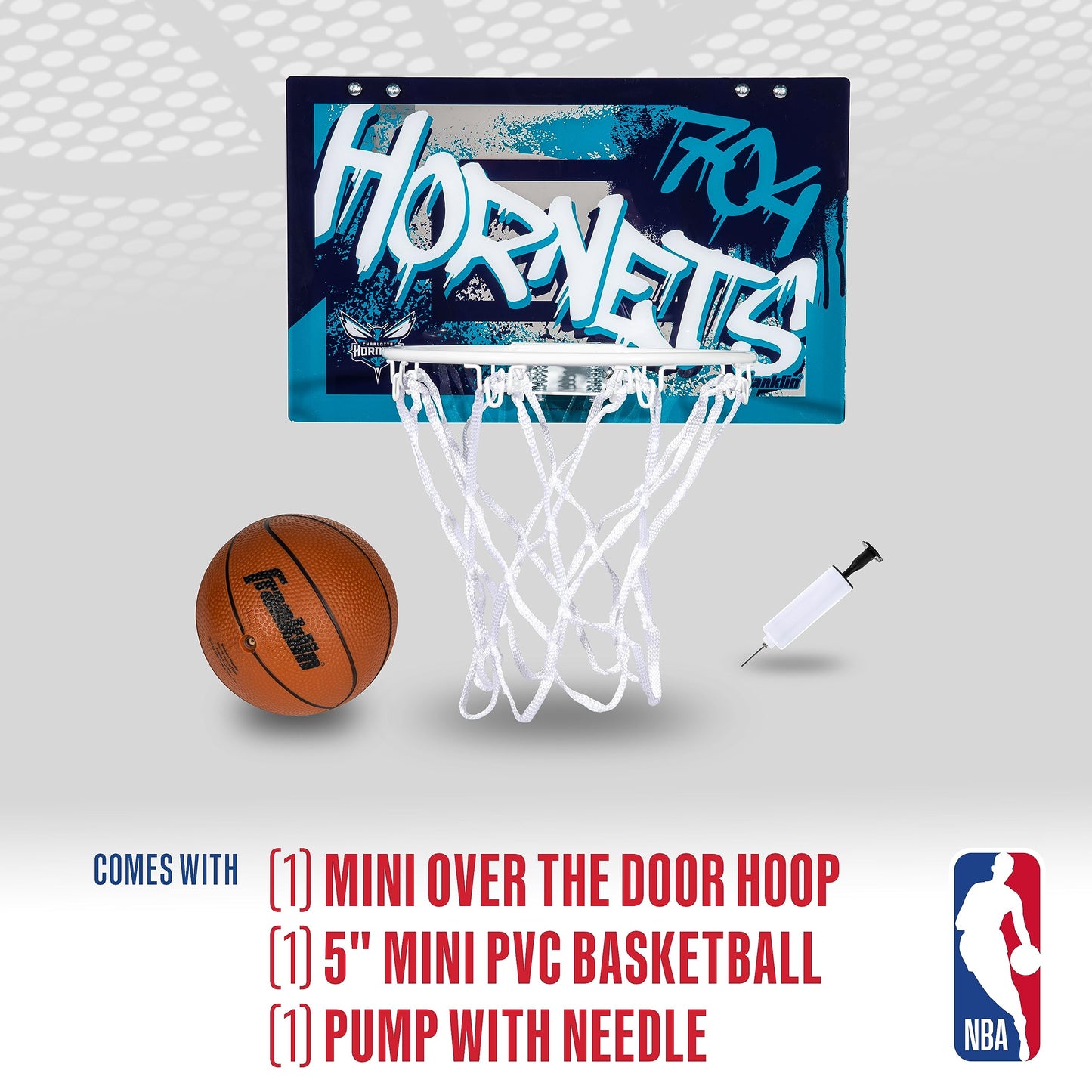 Franklin Sports NBA Charlotte Hornets Over The Door Basketball Hoop - Kids Indoor Hoop with Mini Basketball - NBA Fan Shop Toy for Bedroom + Office - Over The Door Set