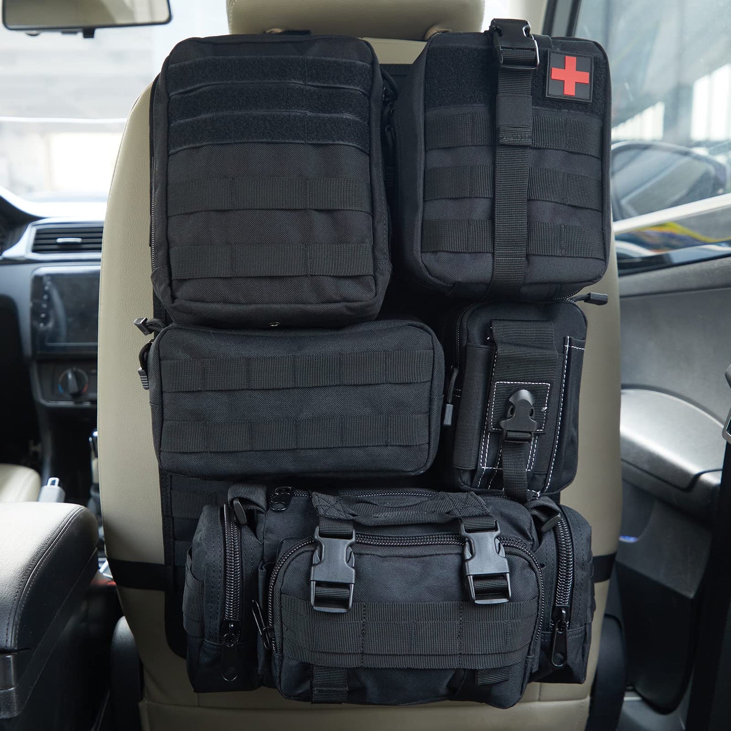 Universal Tactical Seat Back Organizer Vehicle Molle Panel Organizer Storage Bag with 5 Detachable Molle Pouch for All Vehicel Such as Jeep,Truck,SUV, Car, Ford,Chevy,Toyota etc. (A model-Black)